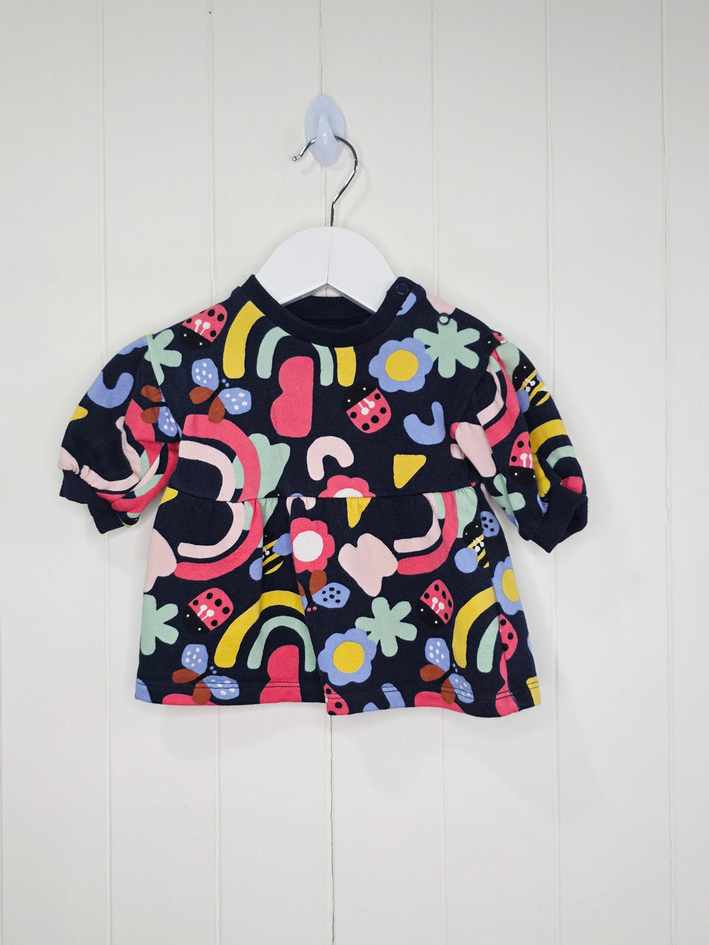 F&F - up to 1 month girls navy blue long-sleeved dress featuring a colorful abstract rainbow and floral print