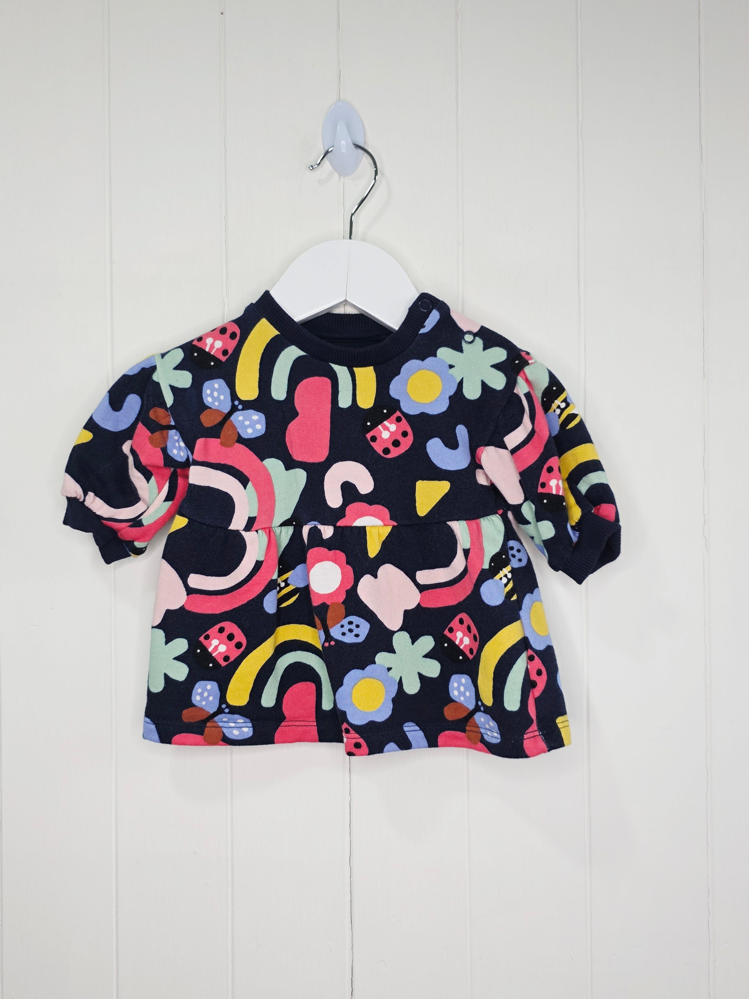 F&F - up to 1 month girls navy blue long-sleeved dress featuring a colorful abstract rainbow and floral print