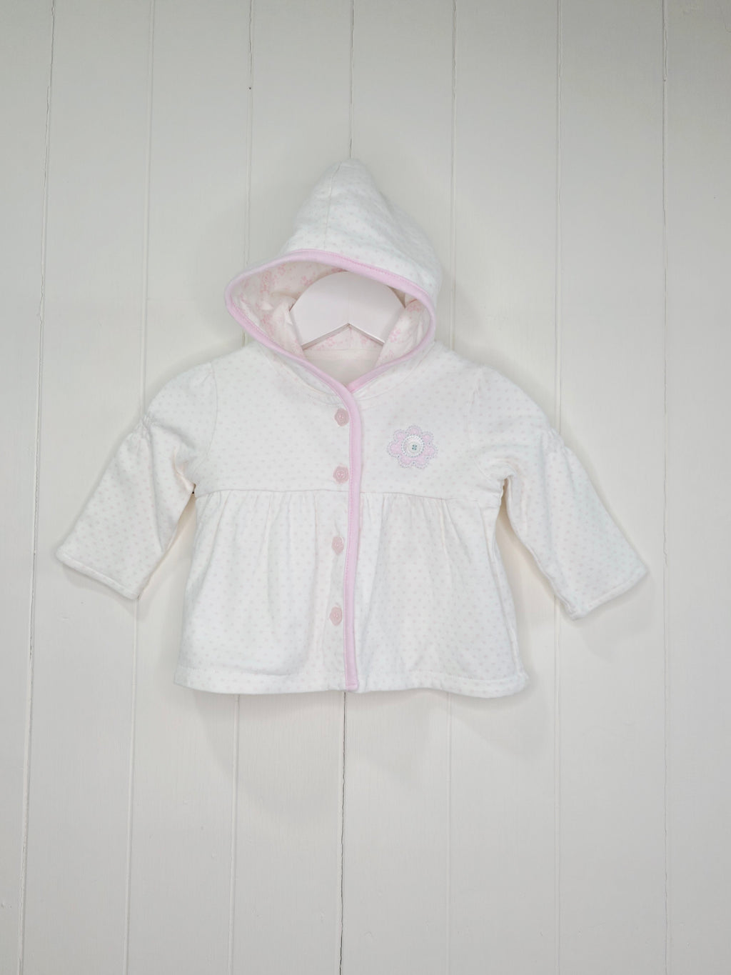 George - 0-3 months white and pink polka dot hooded jacket with flower detail