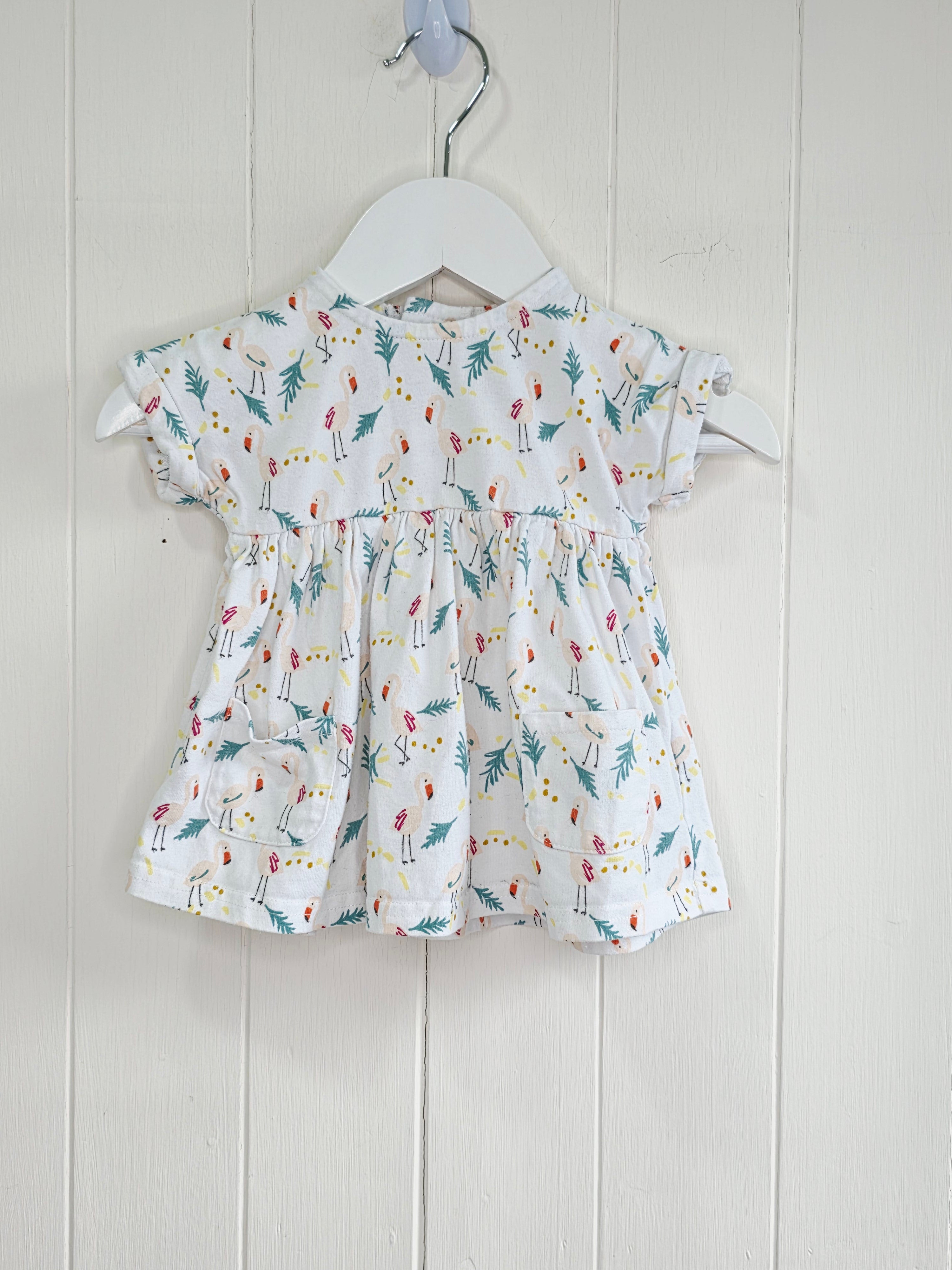 Mamas&Papas - newborn white short sleeved dress featuring flamingo print