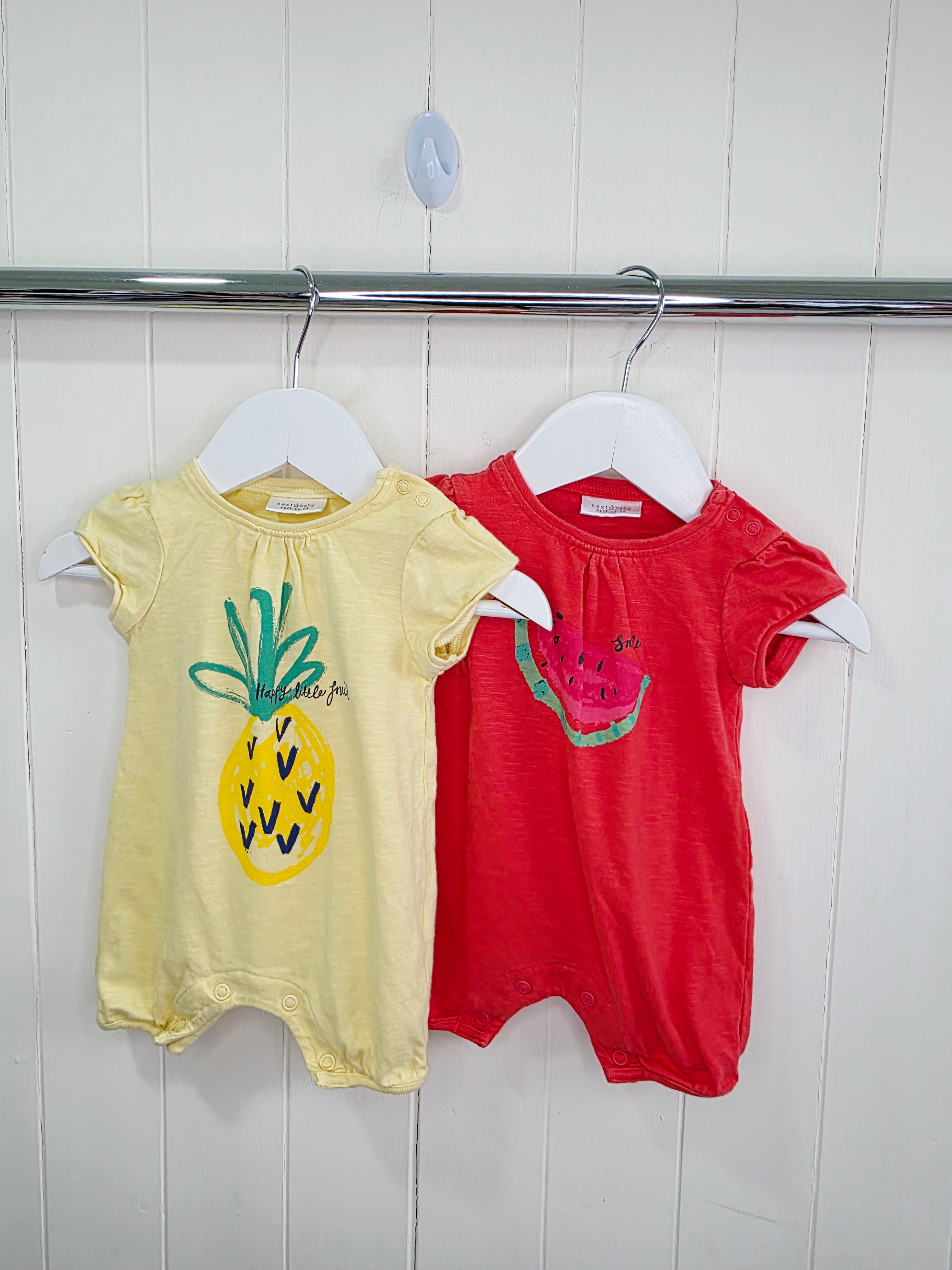 Next - up to 1 month x2 rompers featuring a watermelon and pineapple graphic