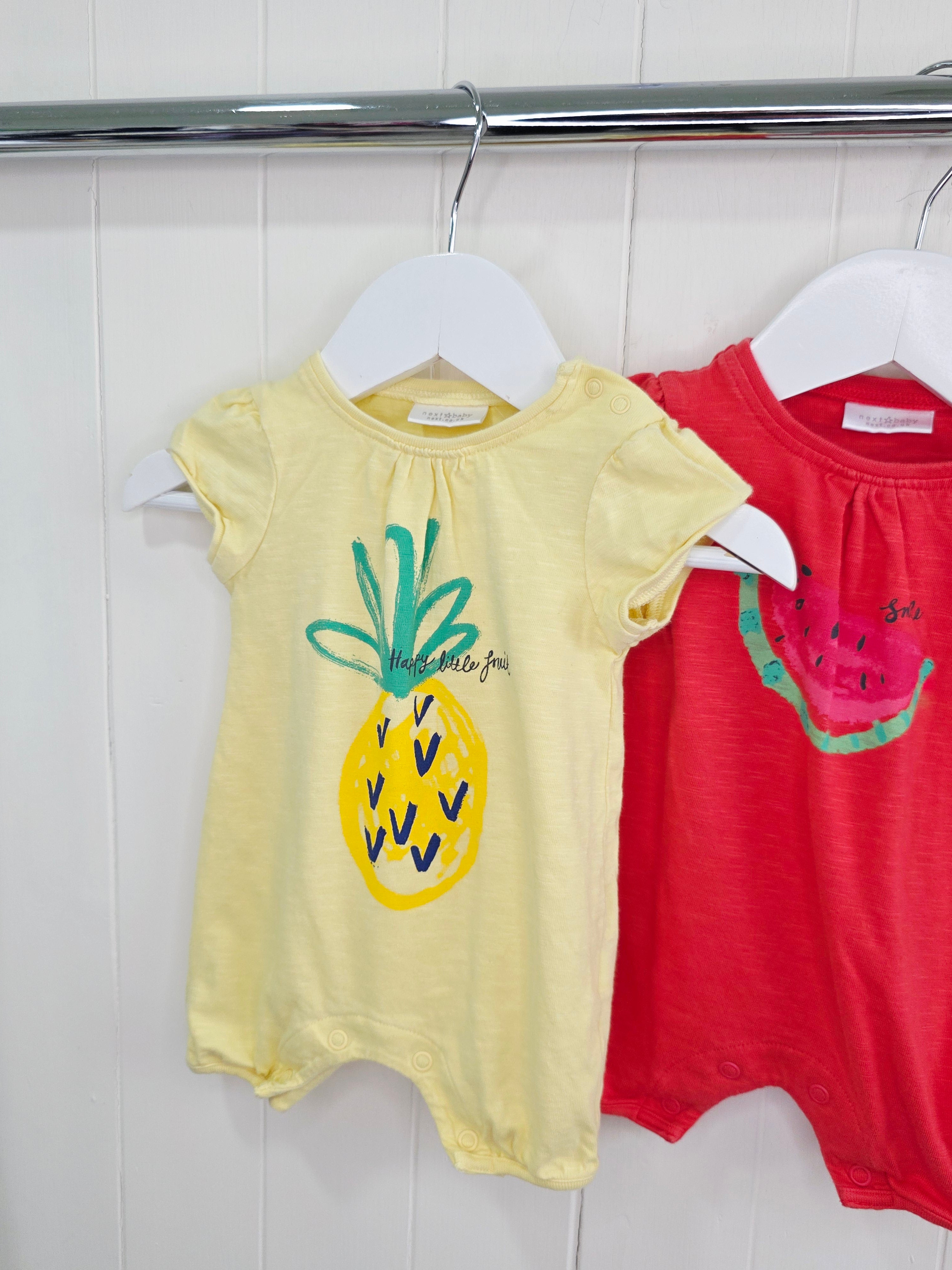 Next - up to 1 month x2 rompers featuring a watermelon and pineapple graphic