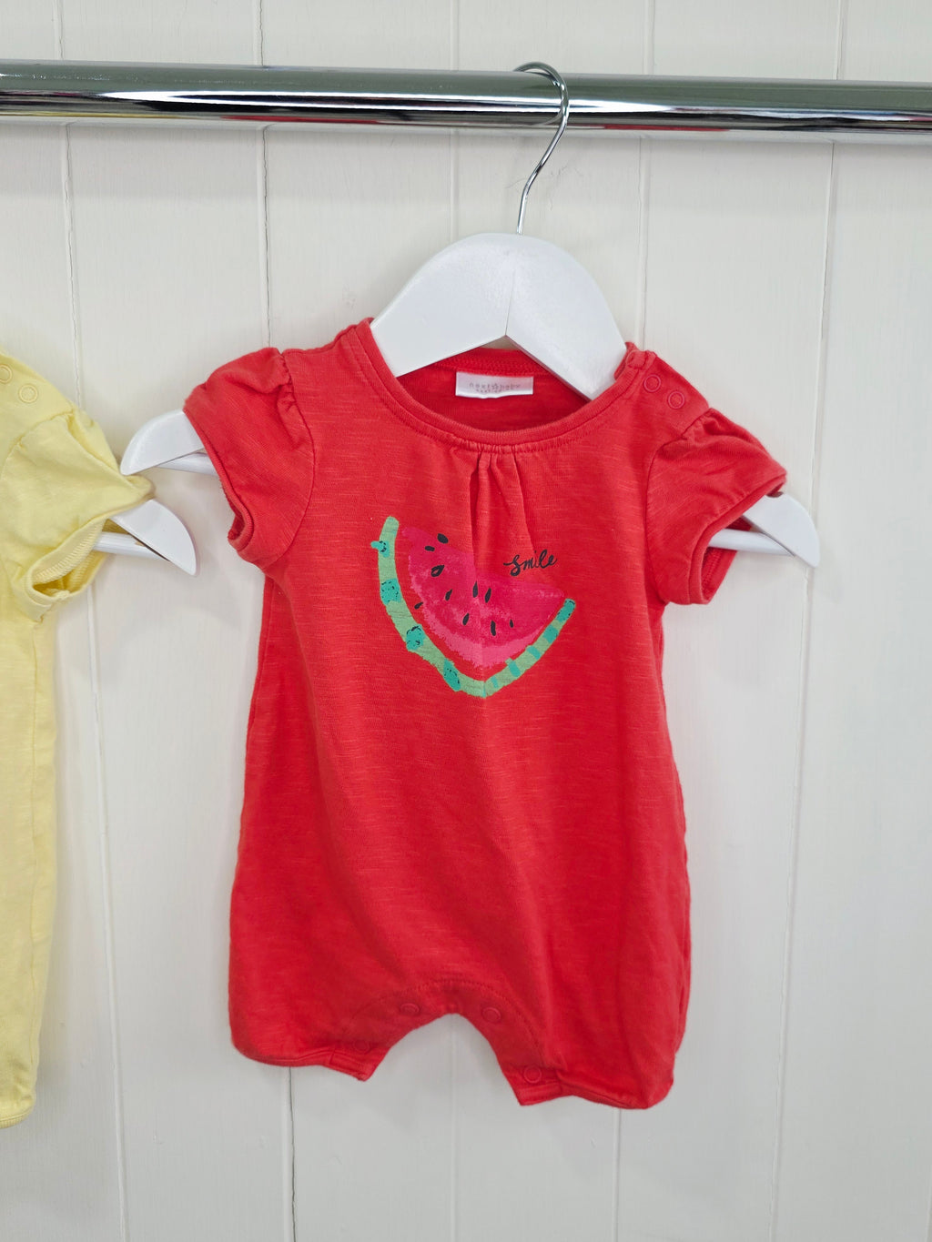 Next - up to 1 month x2 rompers featuring a watermelon and pineapple graphic