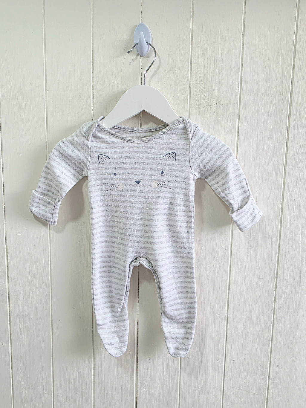 F&F - Newborn striped footed sleepsuit featuring printed cat face