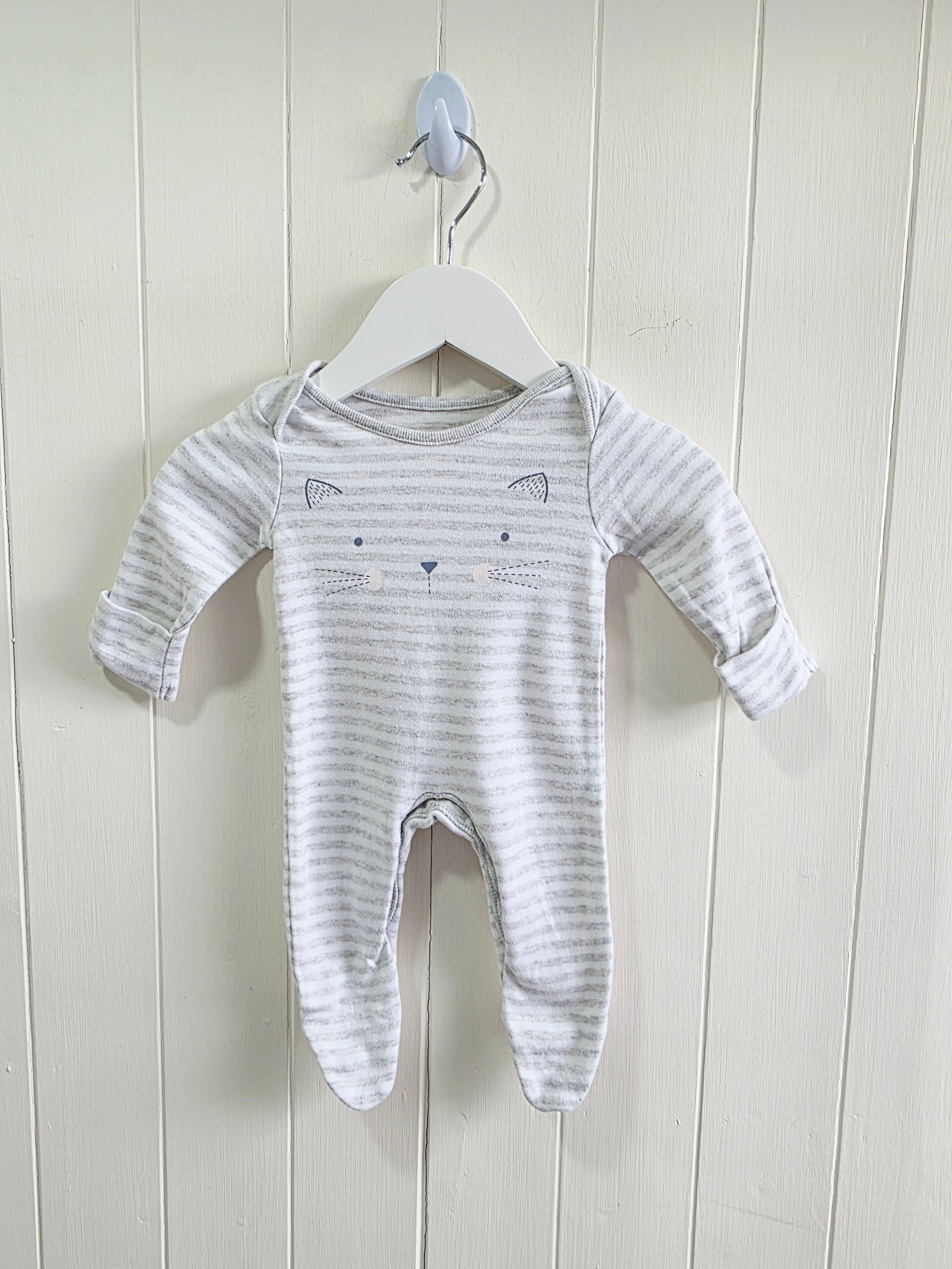 F&F - Newborn striped footed sleepsuit featuring printed cat face