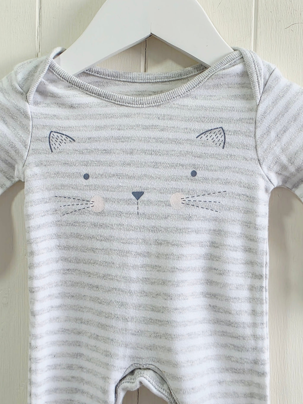 F&F - Newborn striped footed sleepsuit featuring printed cat face