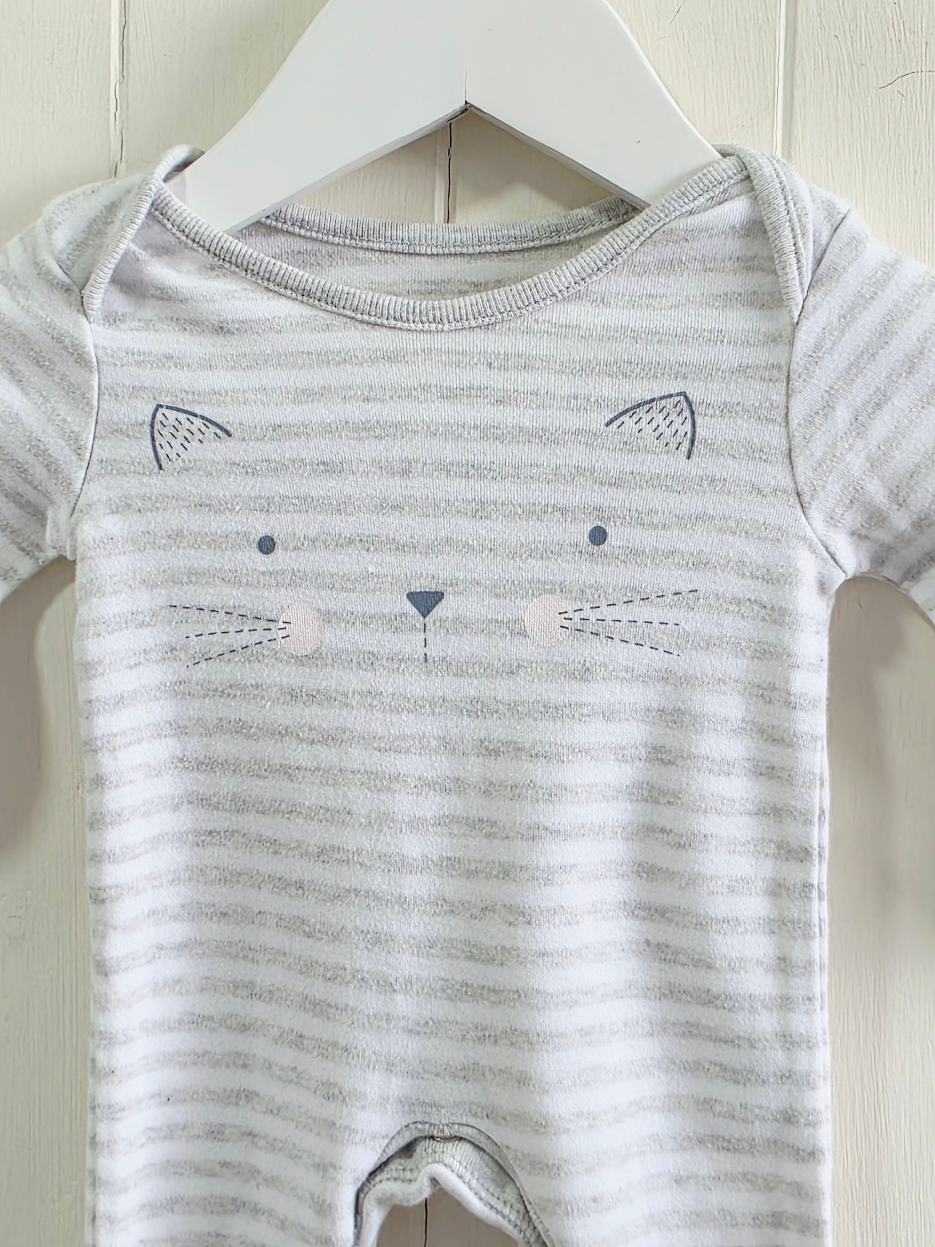 F&F - Newborn striped footed sleepsuit featuring printed cat face