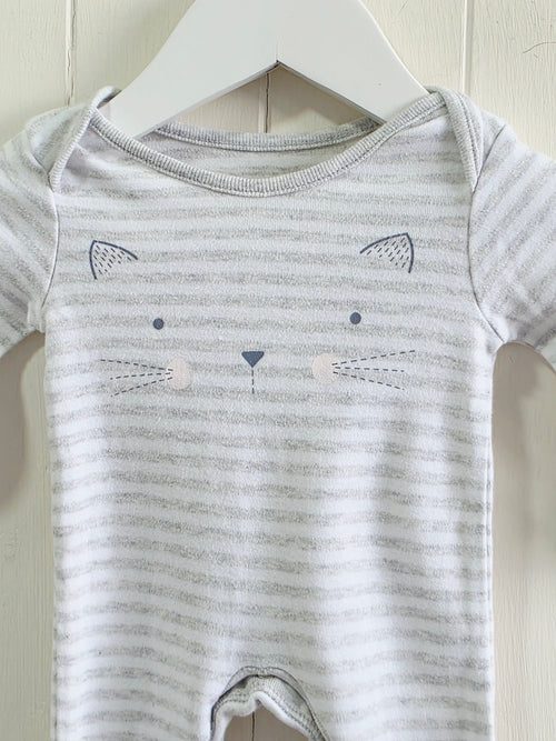 F&F - Newborn striped footed sleepsuit featuring printed cat face