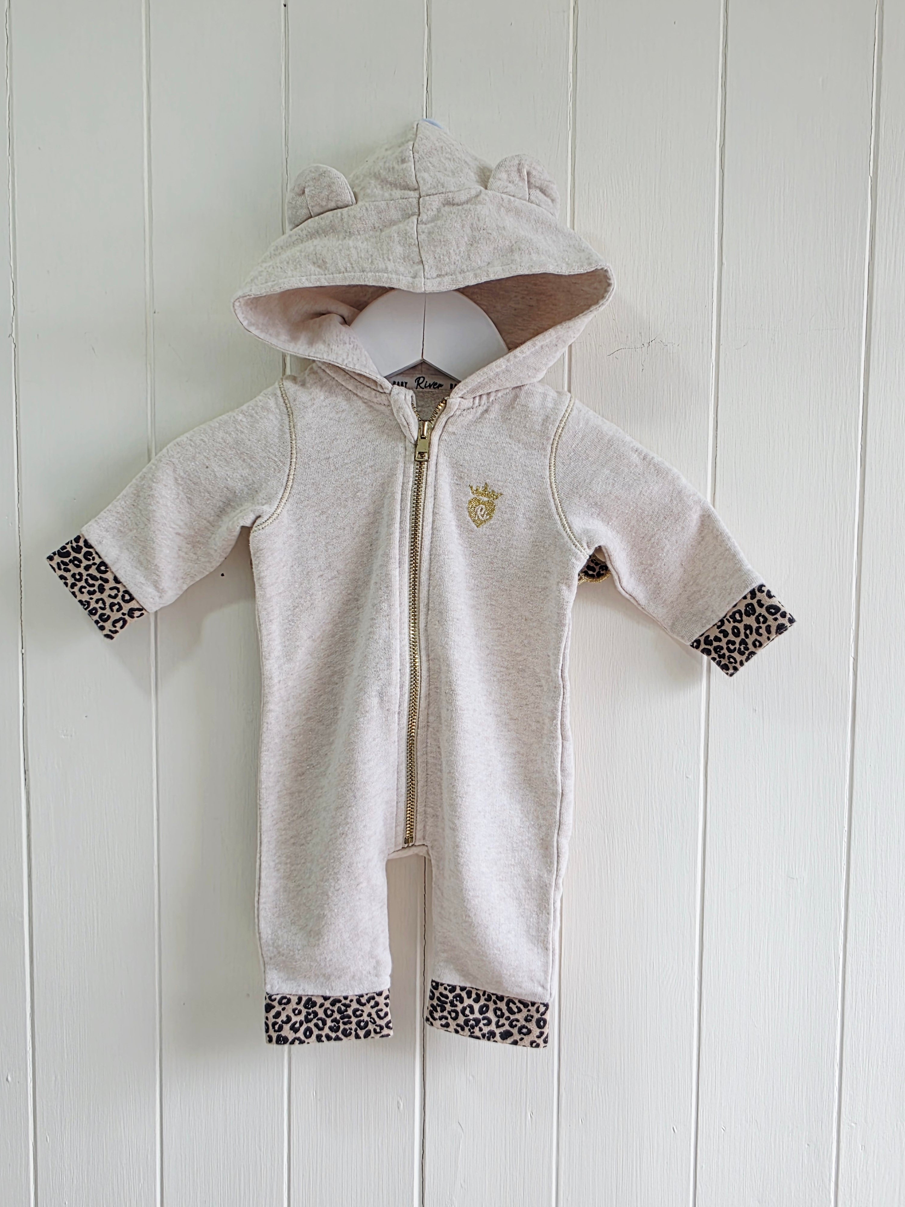 River Island - 0-1 month girls hooded cream all in one romper featuring leopard print wings