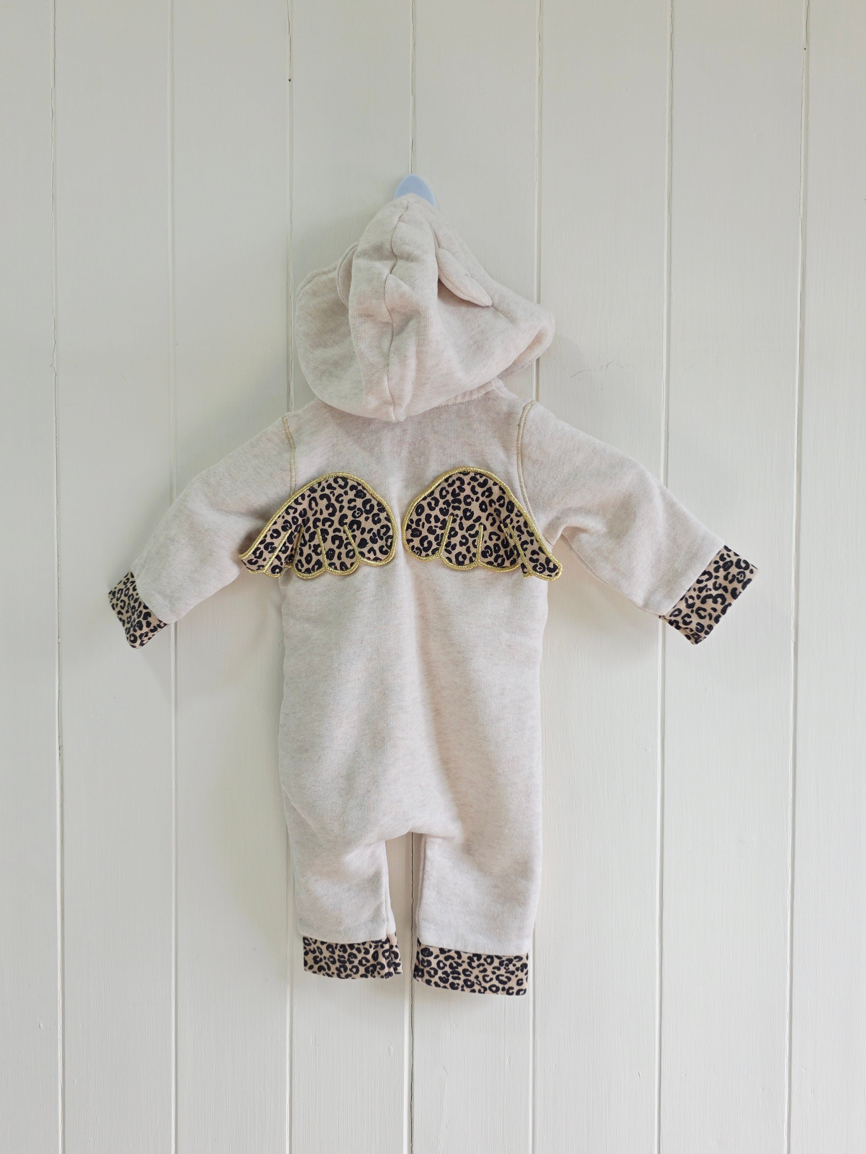 River Island - 0-1 month girls hooded cream all in one romper featuring leopard print wings