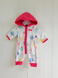 George - First size "Cosmo" hooded baby girl romper featuring a vibrant space-themed print and pink trim