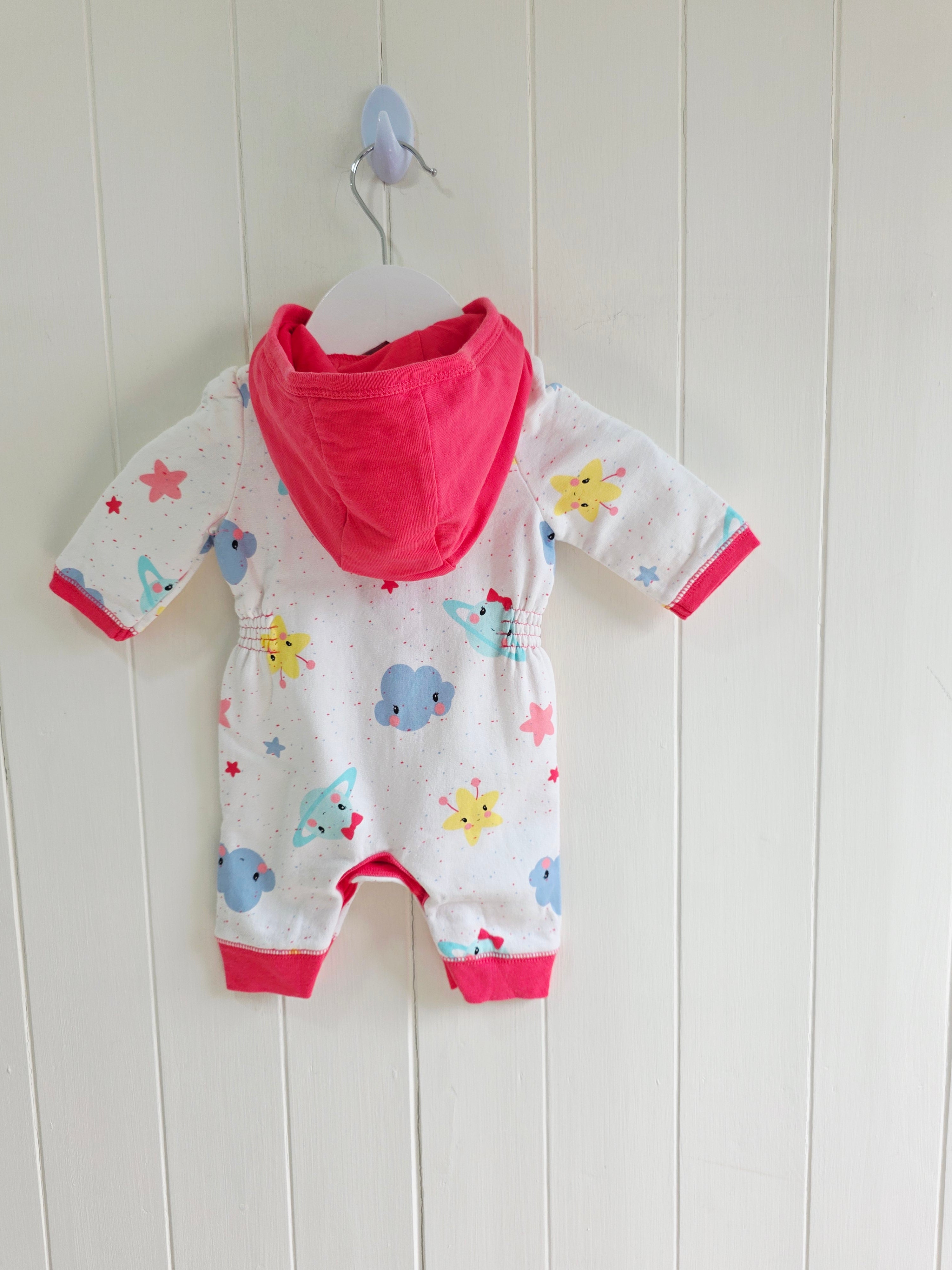 George - First size "Cosmo" hooded baby girl romper featuring a vibrant space-themed print and pink trim