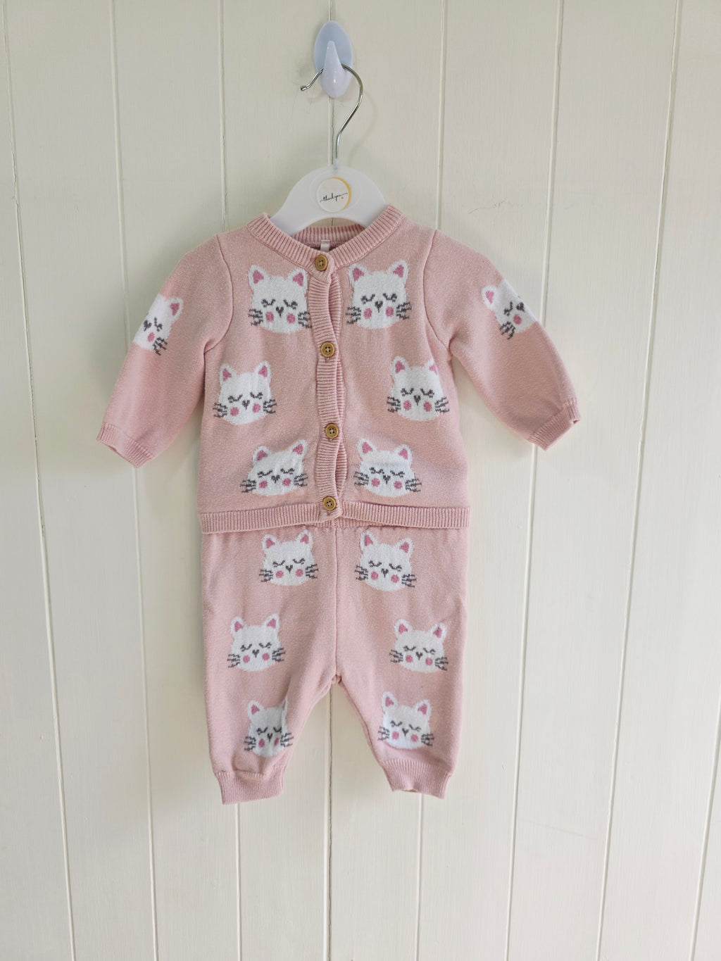 TU - Up to 1 month baby girls' pink knitted cardigan and leggings sets with cat graphics