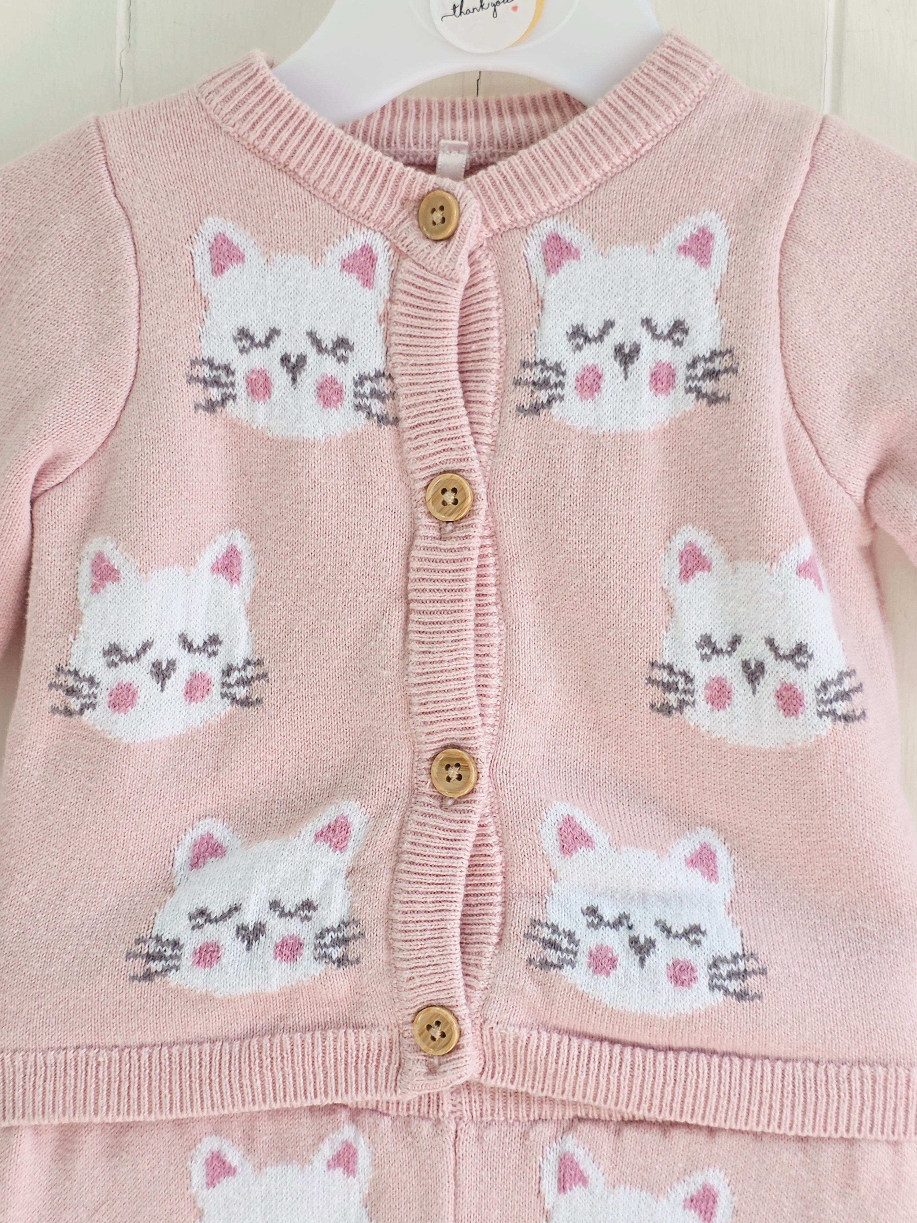TU - Up to 1 month baby girls' pink knitted cardigan and leggings sets with cat graphics