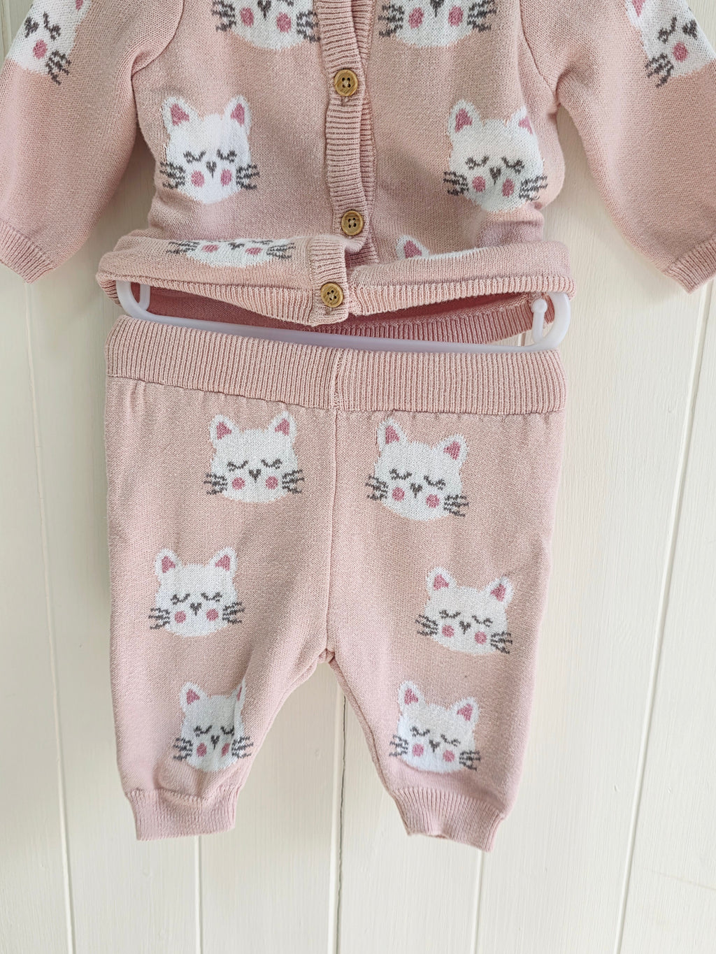 TU - Up to 1 month baby girls' pink knitted cardigan and leggings sets with cat graphics