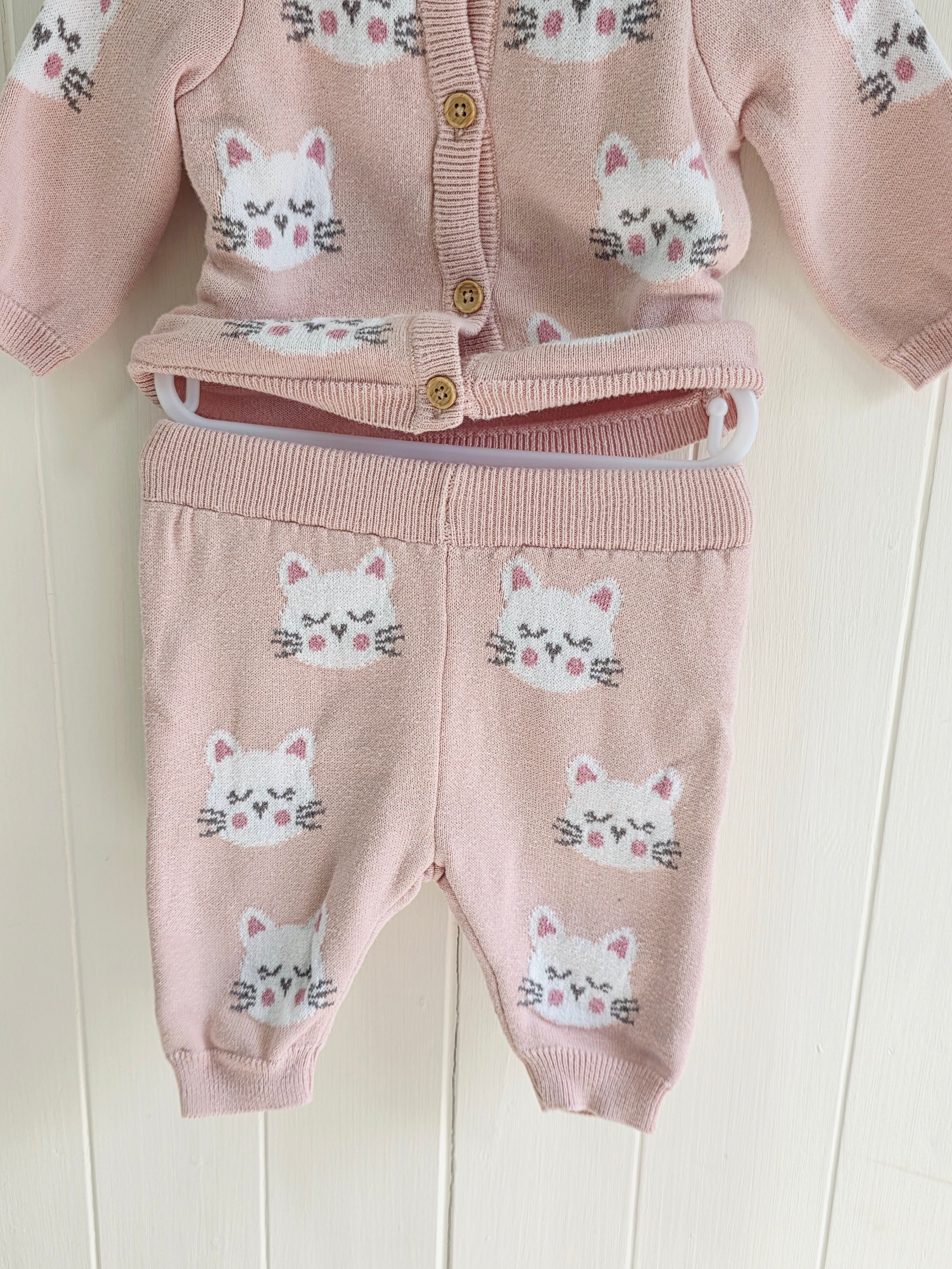 TU - Up to 1 month baby girls' pink knitted cardigan and leggings sets with cat graphics