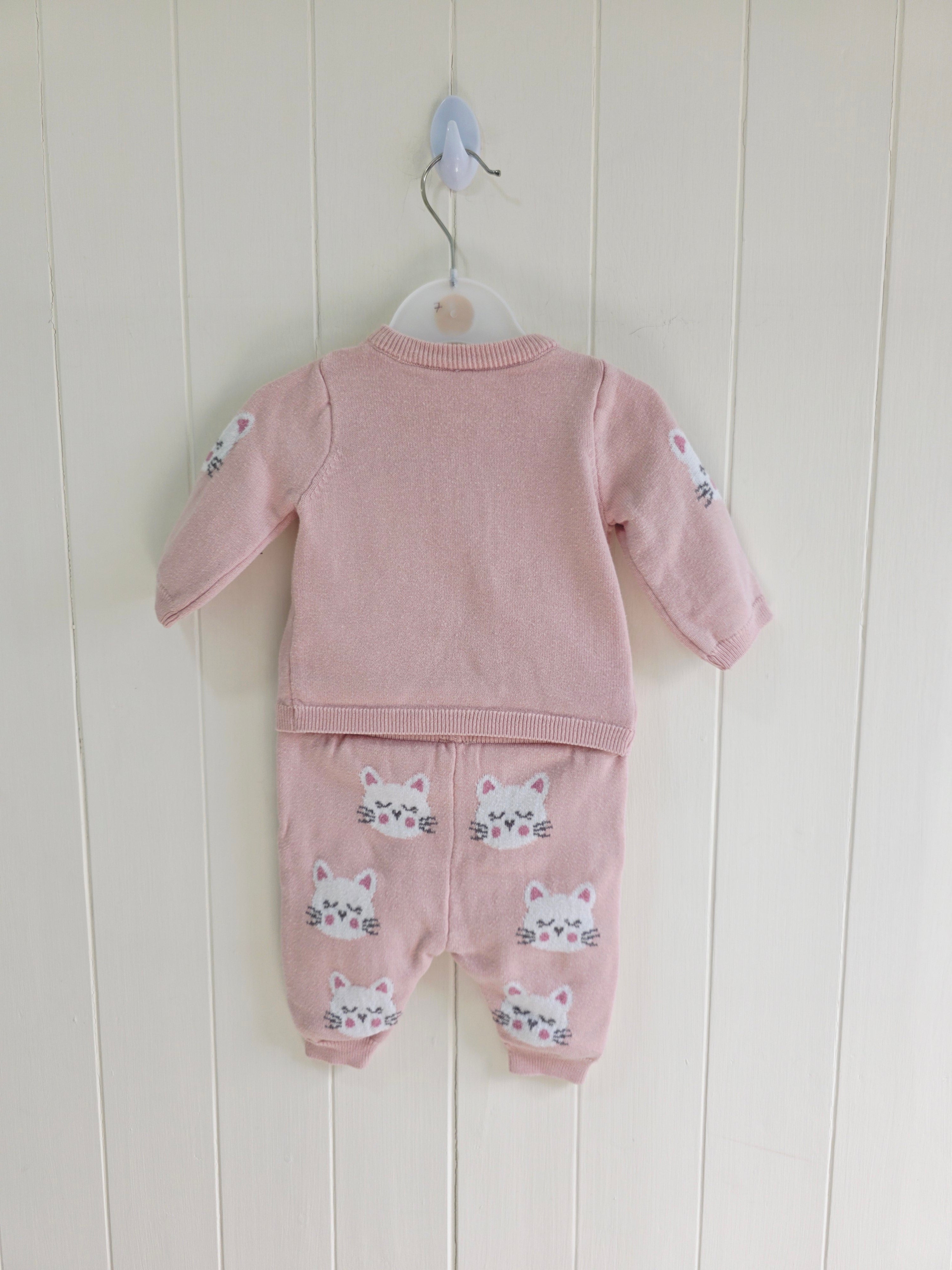 TU - Up to 1 month baby girls' pink knitted cardigan and leggings sets with cat graphics