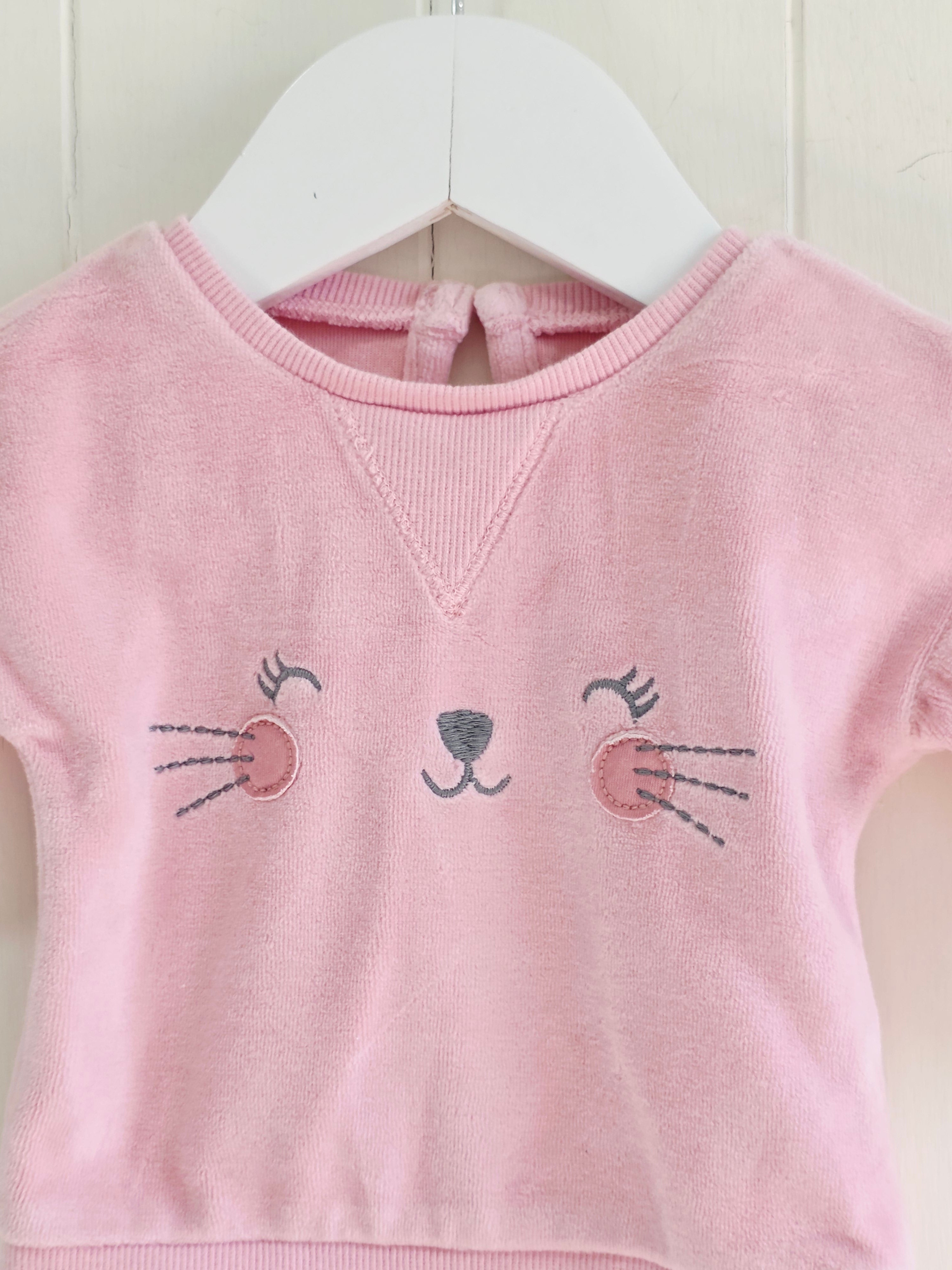 George - First size girls light pink velour sweatshirt featuring embroidered cat face