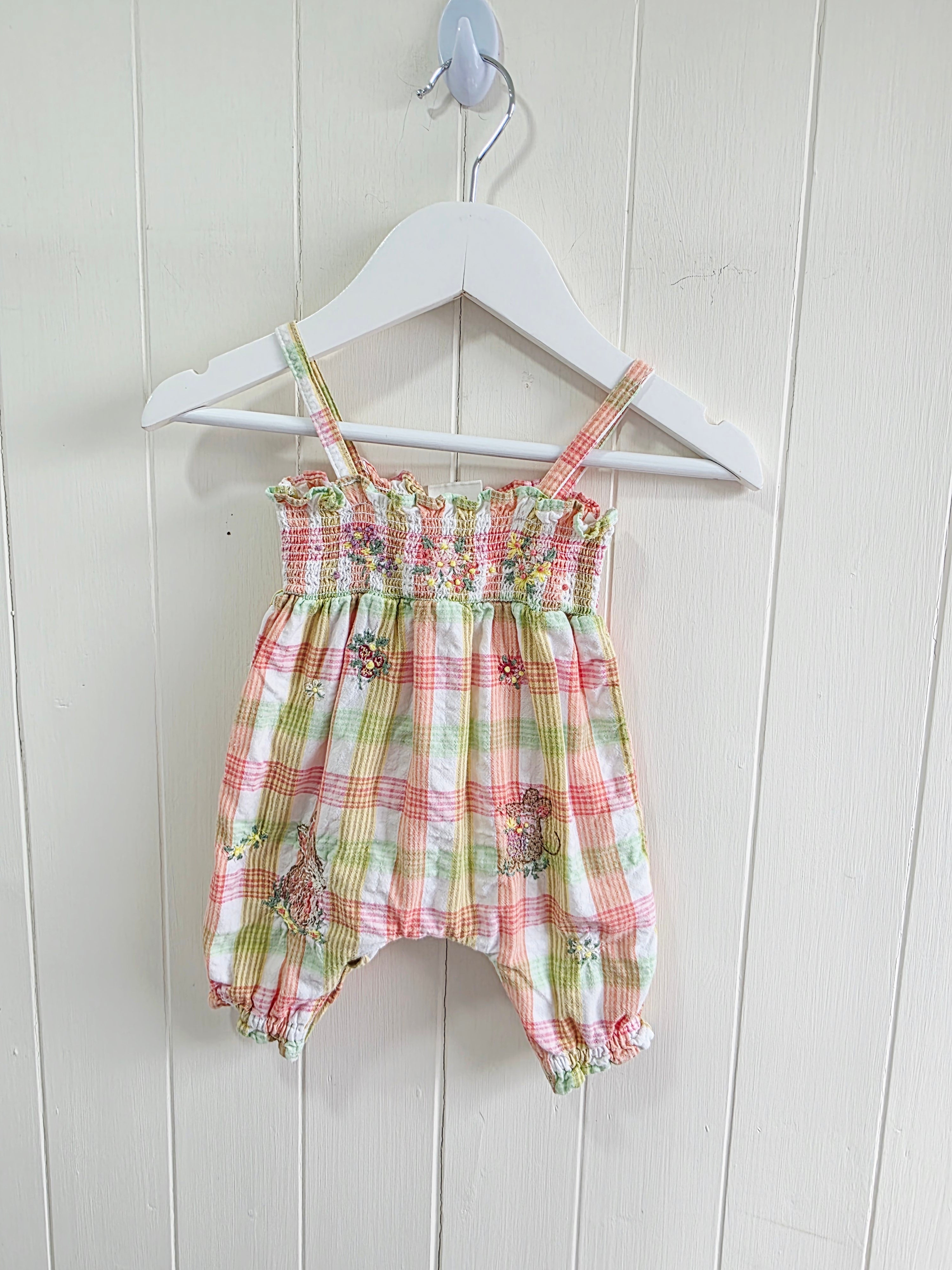 Next - Up to 1 month girls romper featuring a pink and green gingham plaid pattern with embroidered bunny and floral details