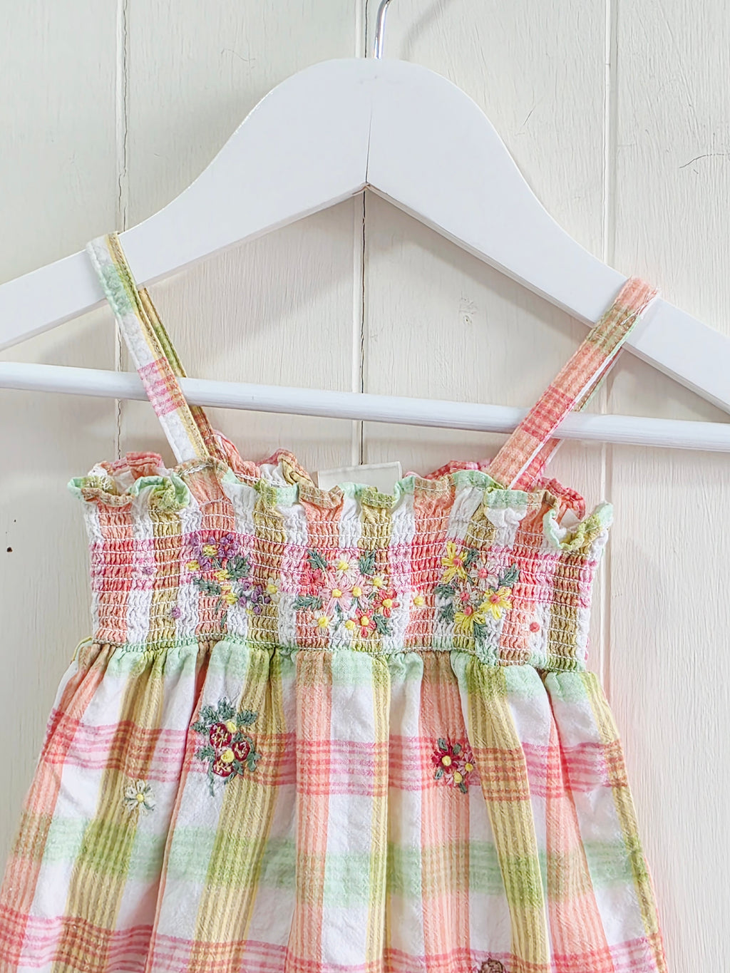 Next - Up to 1 month girls romper featuring a pink and green gingham plaid pattern with embroidered bunny and floral details