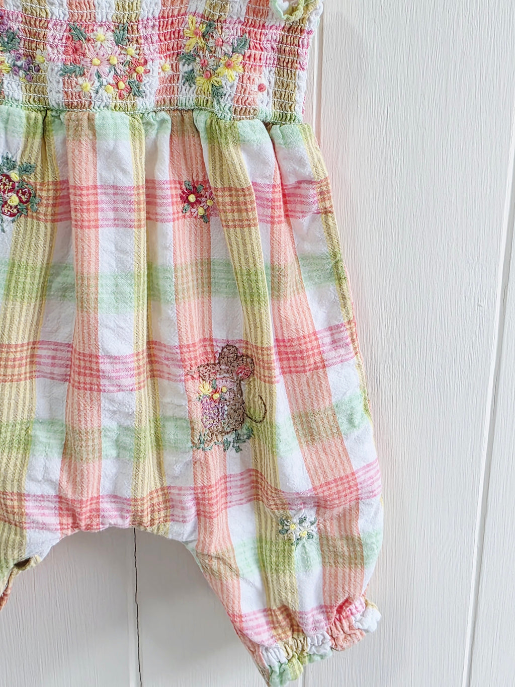 Next - Up to 1 month girls romper featuring a pink and green gingham plaid pattern with embroidered bunny and floral details