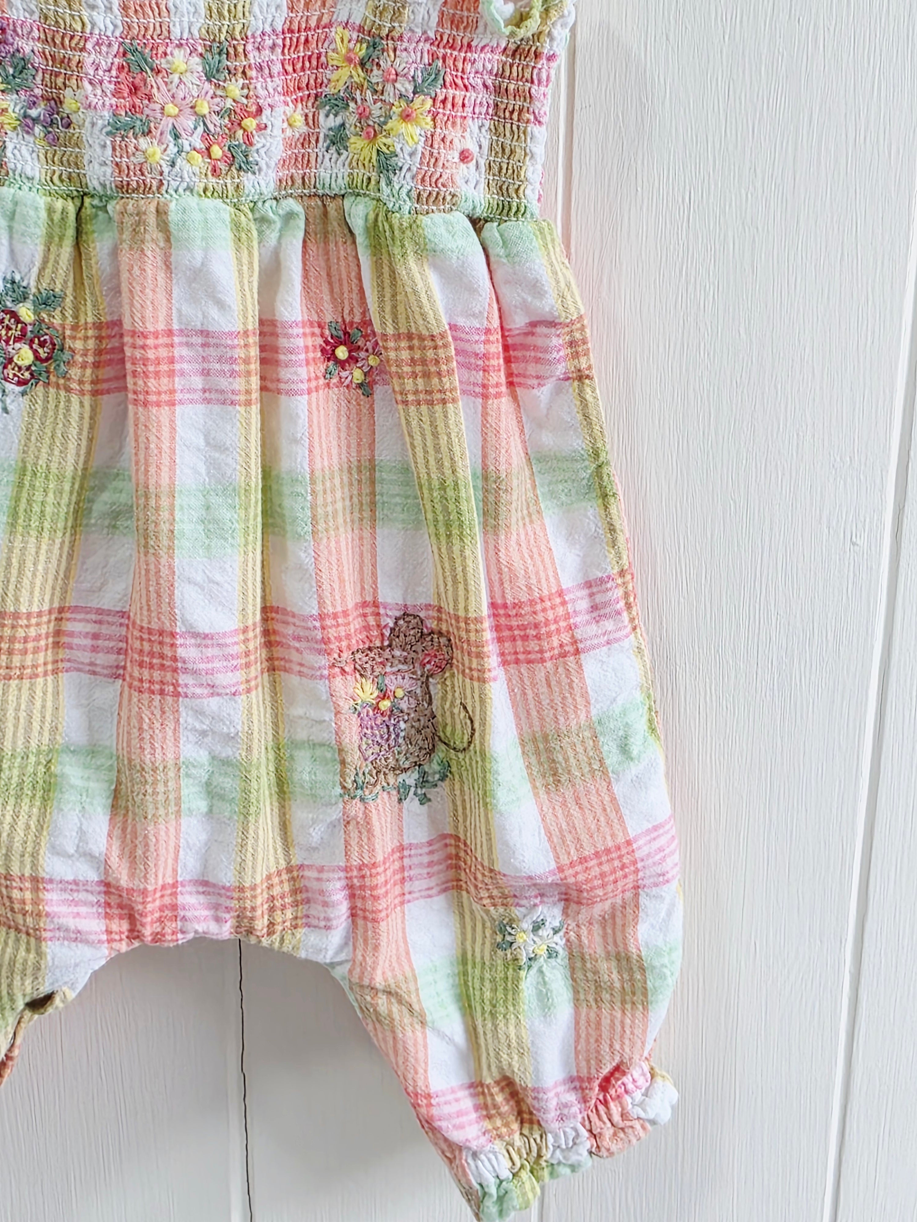 Next - Up to 1 month girls romper featuring a pink and green gingham plaid pattern with embroidered bunny and floral details