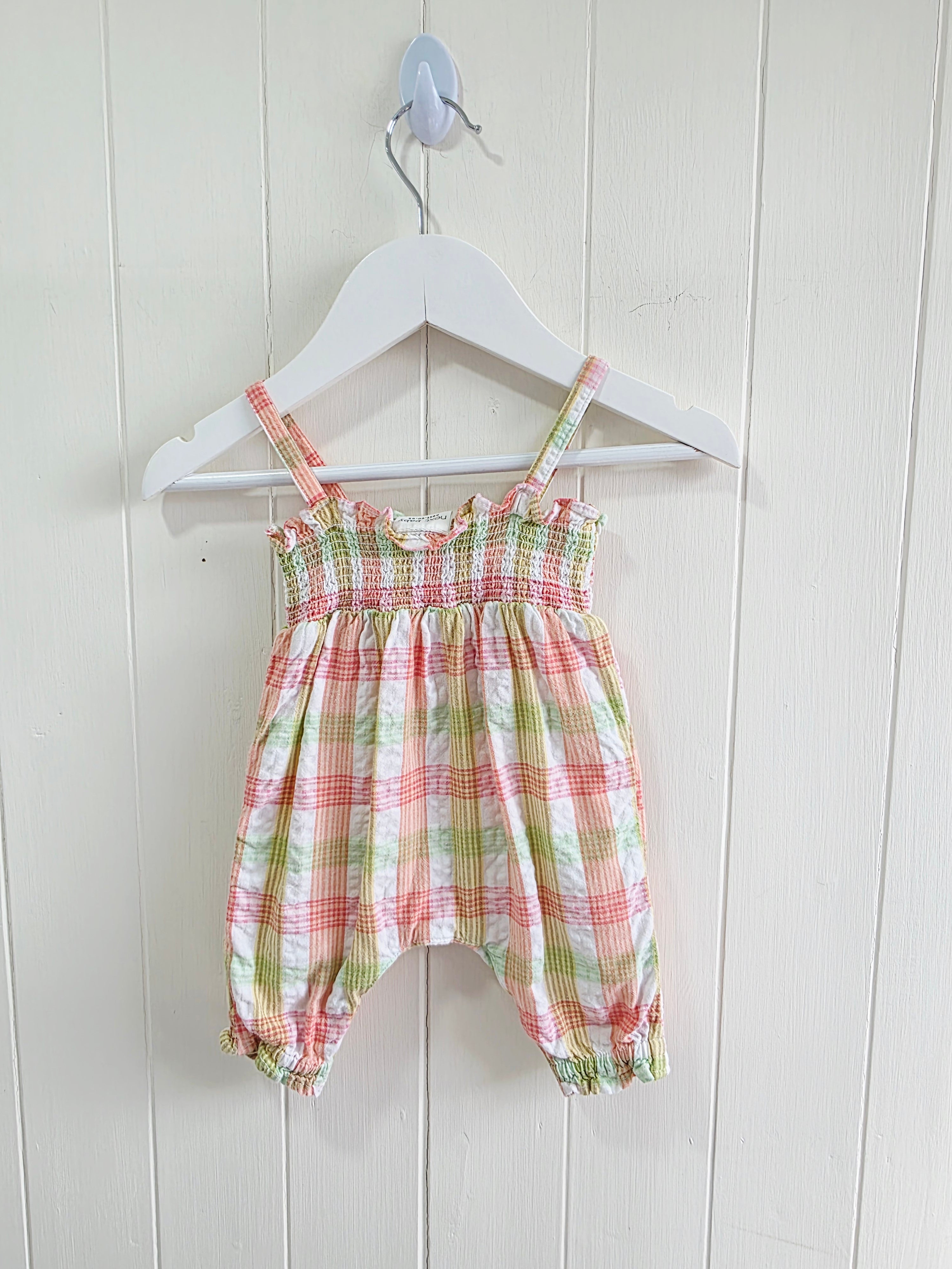 Next - Up to 1 month girls romper featuring a pink and green gingham plaid pattern with embroidered bunny and floral details