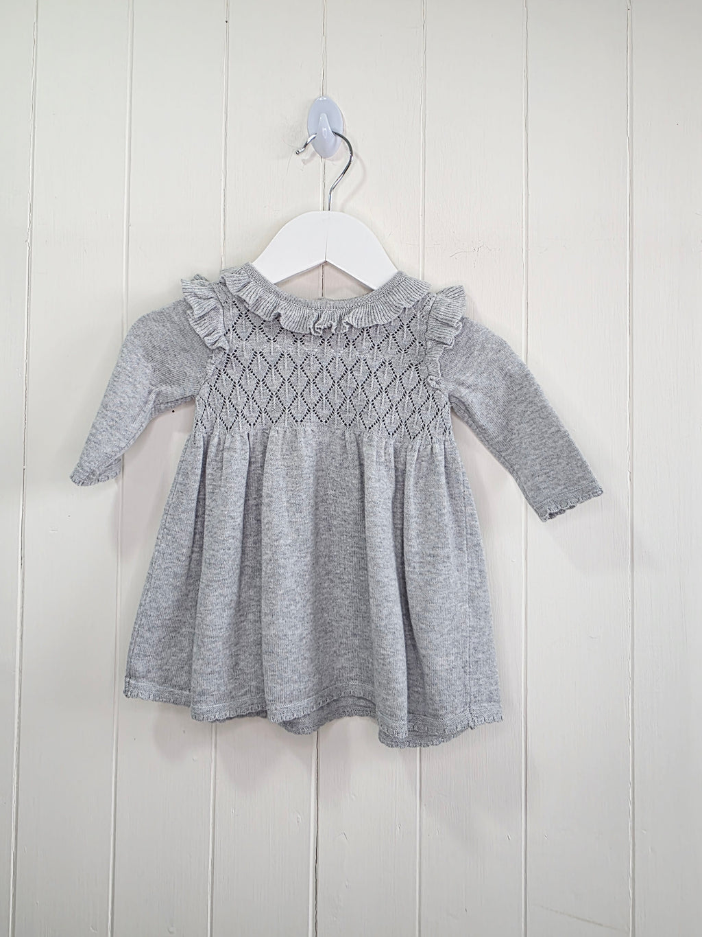 Next - up to 3 months grey knit sweater dress featuring a ruffled collar and diamond-patterned bodice