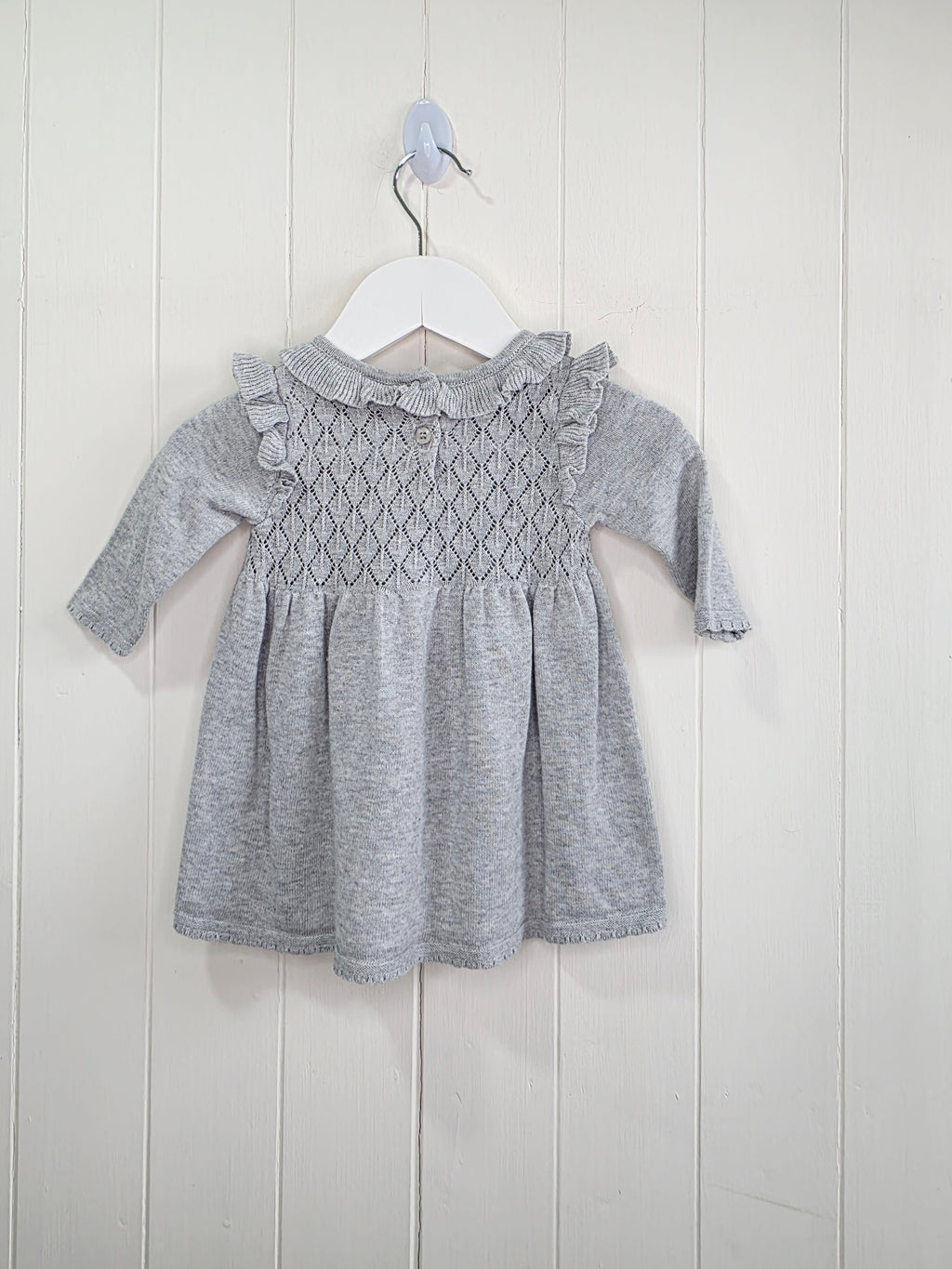 Next - up to 3 months grey knit sweater dress featuring a ruffled collar and diamond-patterned bodice