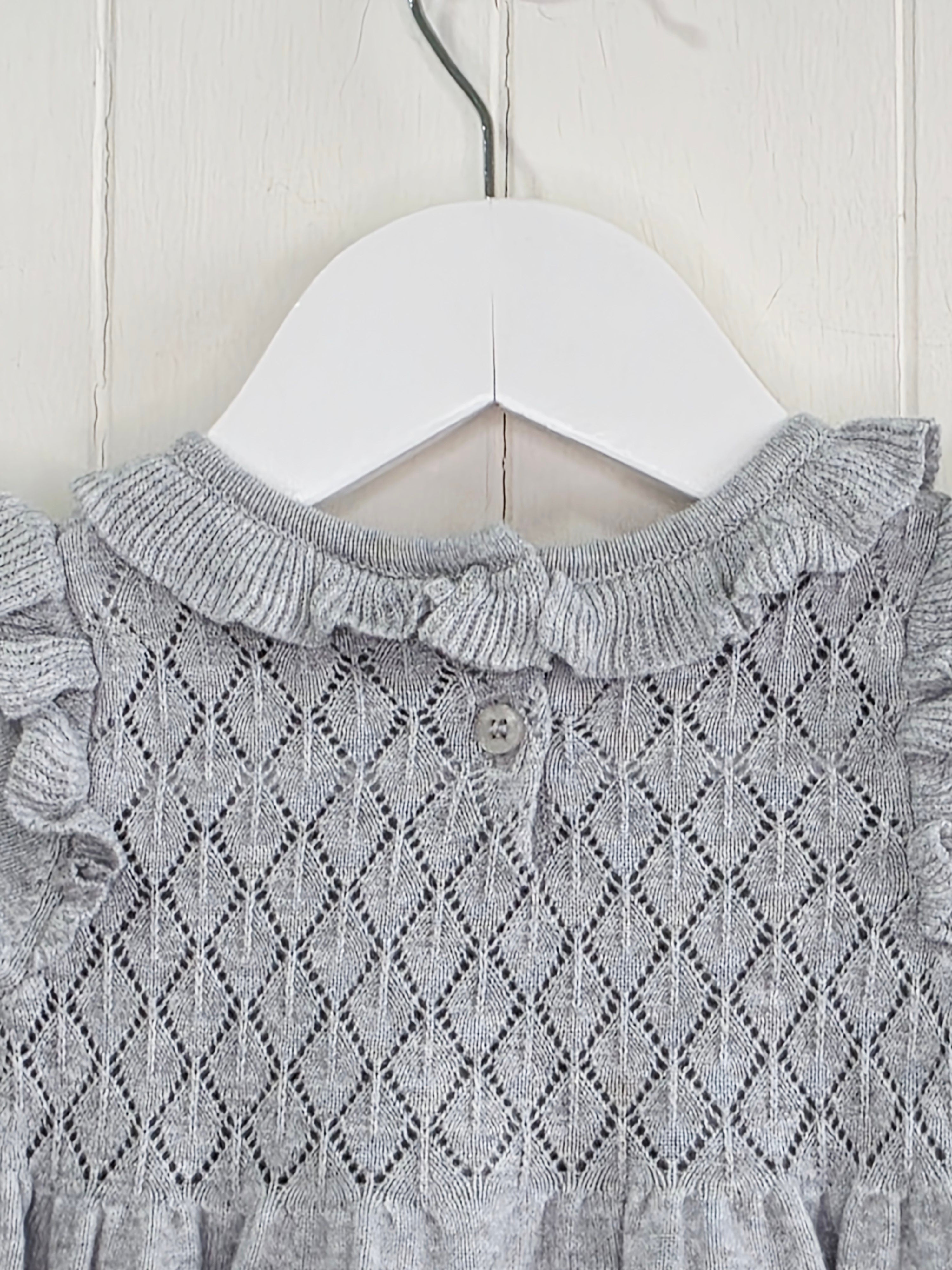 Next - up to 3 months grey knit sweater dress featuring a ruffled collar and diamond-patterned bodice