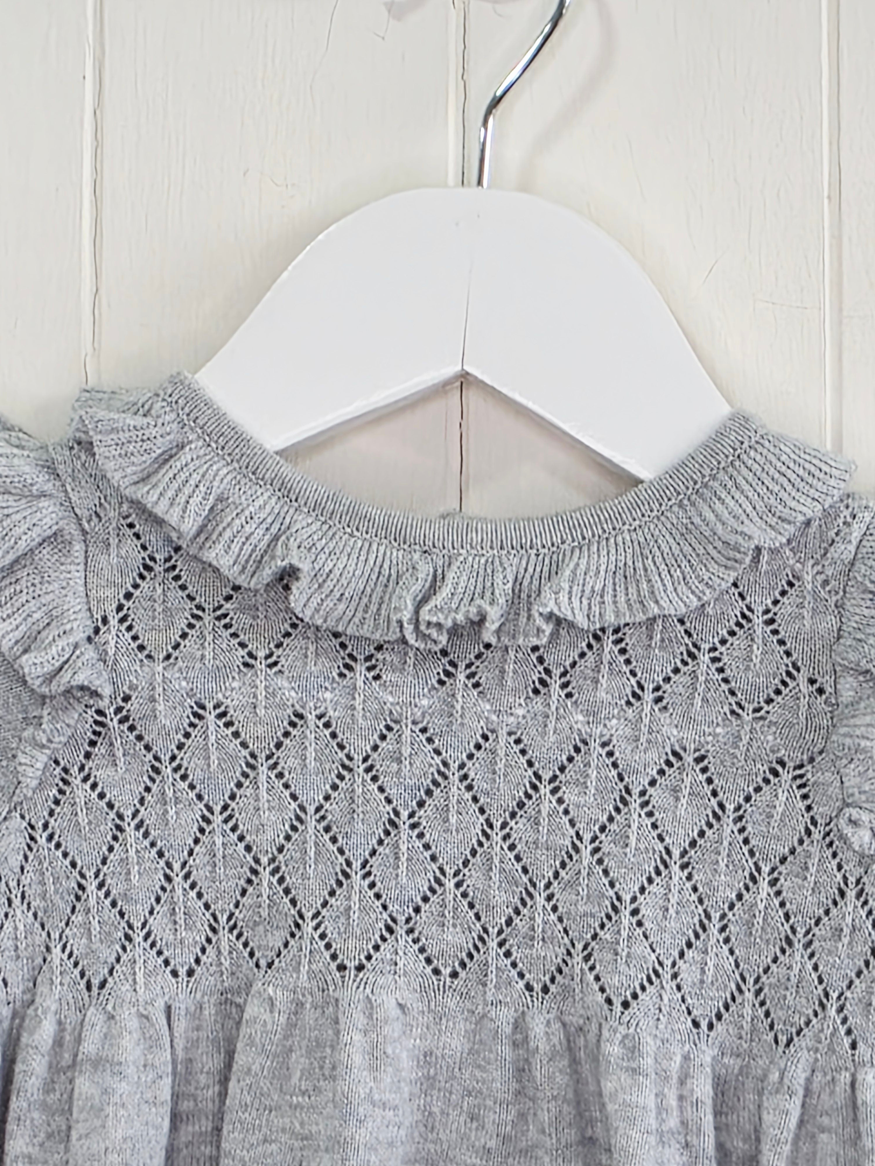 Next - up to 3 months grey knit sweater dress featuring a ruffled collar and diamond-patterned bodice