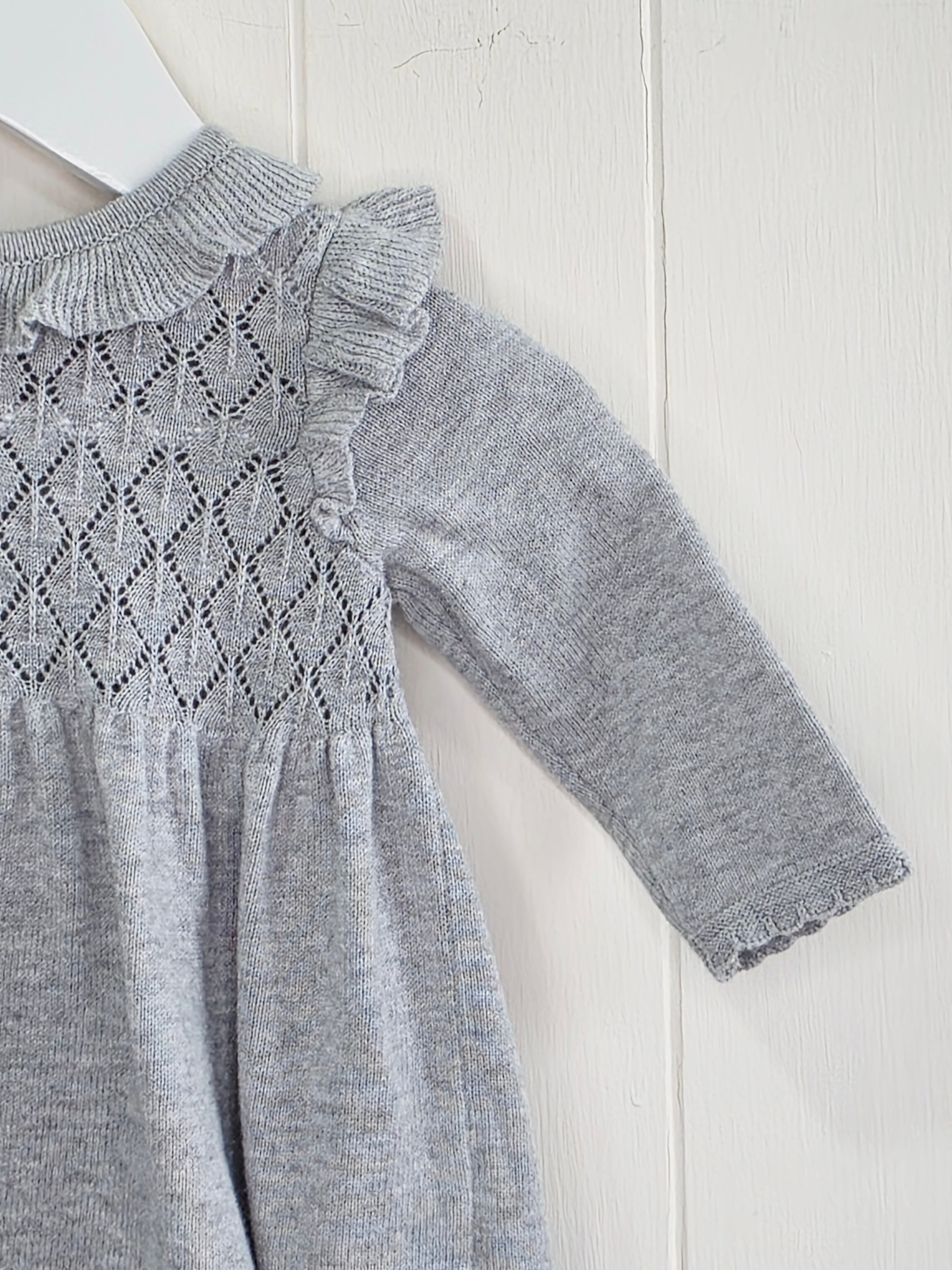 Next - up to 3 months grey knit sweater dress featuring a ruffled collar and diamond-patterned bodice