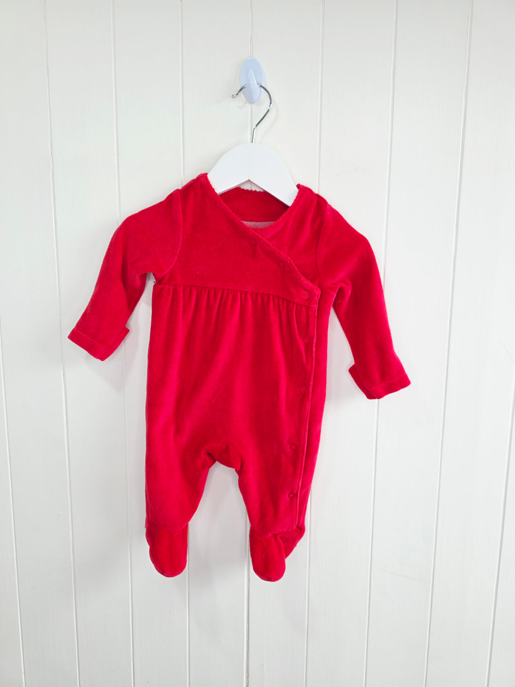 TU - 0-3 months red velour sleepsuit with popper closure