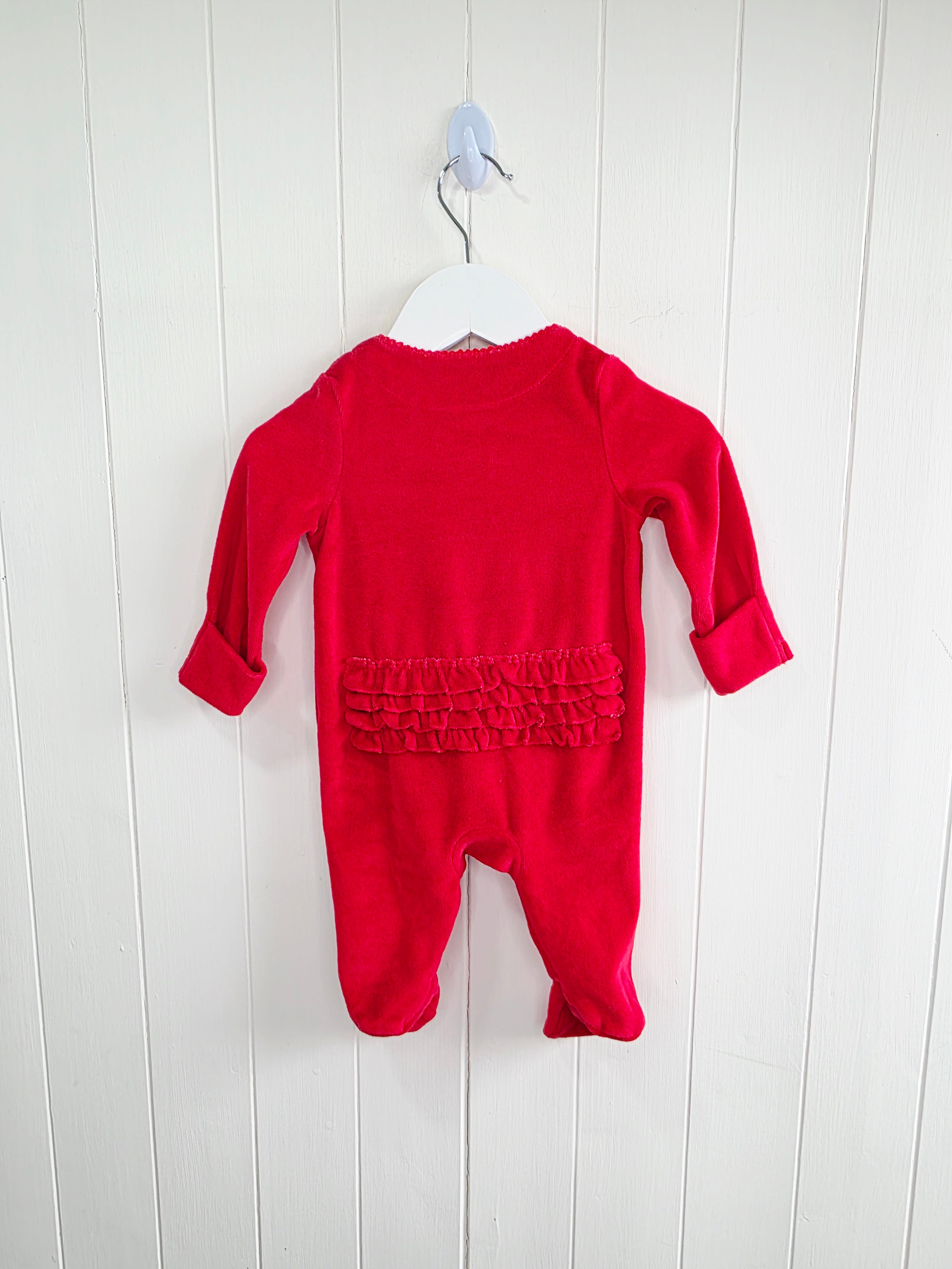 TU - 0-3 months red velour sleepsuit with popper closure