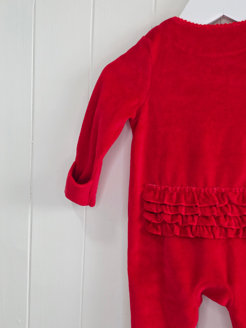 TU - 0-3 months red velour sleepsuit with popper closure