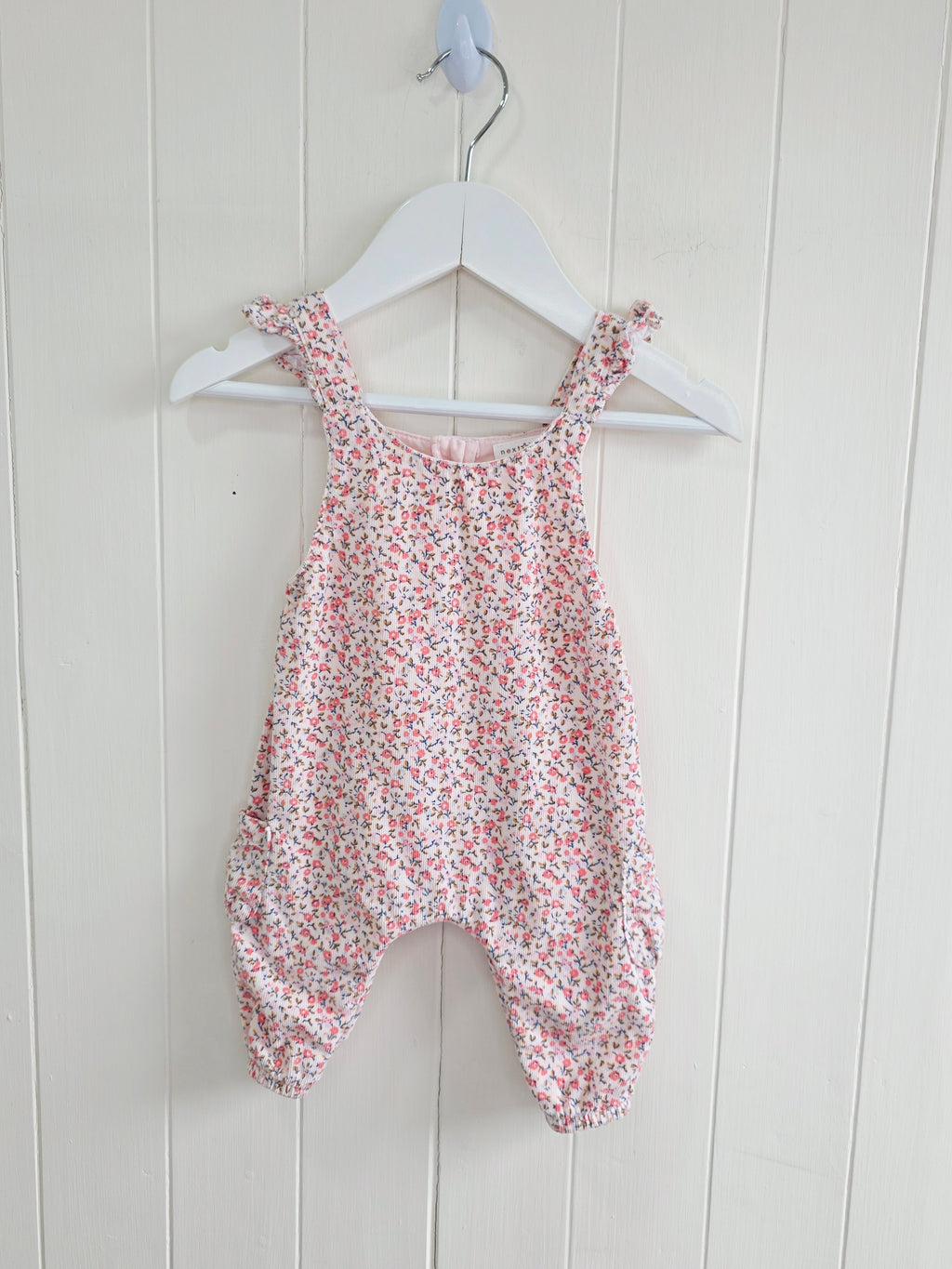 Next - Up to 3 months lined pink floral corduroy dungarees
