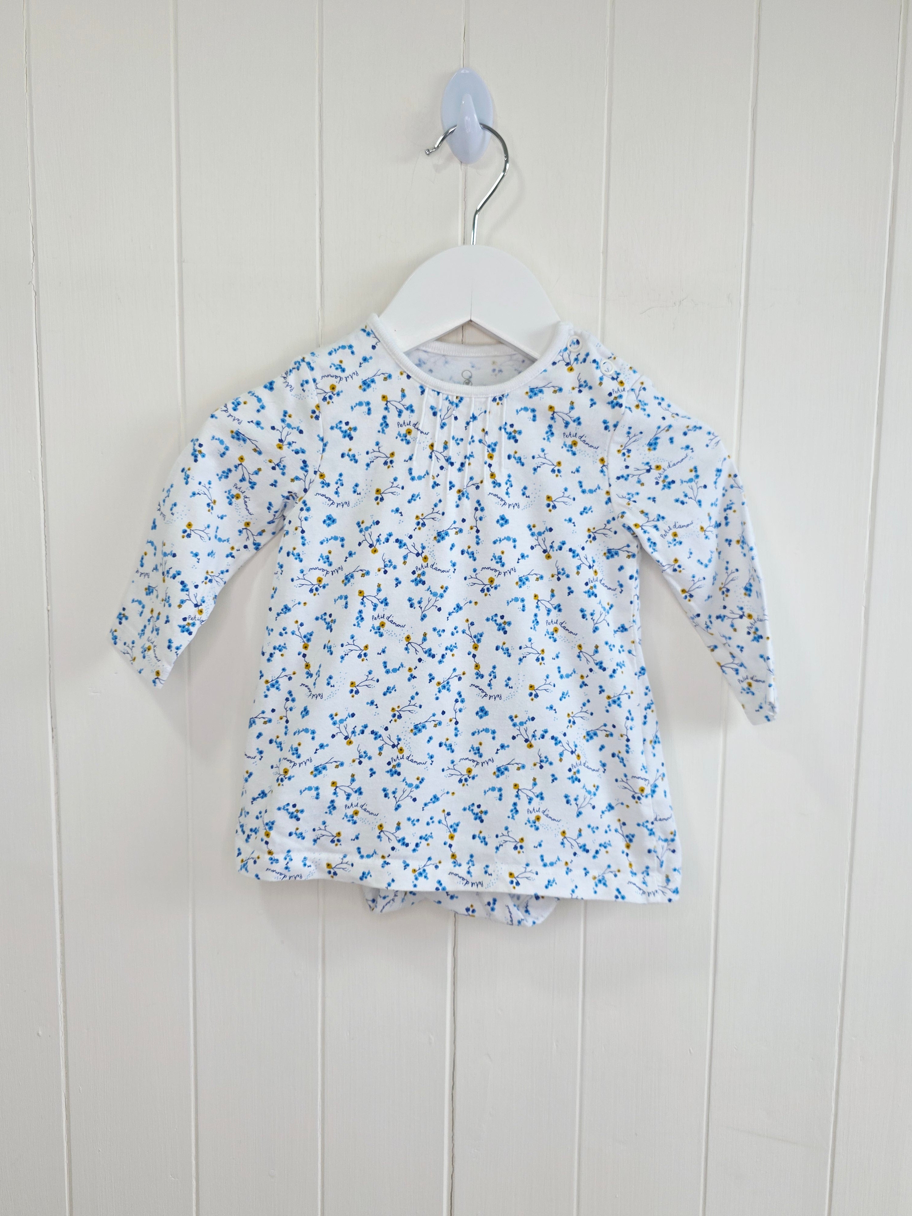 Mothercare - 3-6 months girls white and blue floral bodysuit dress