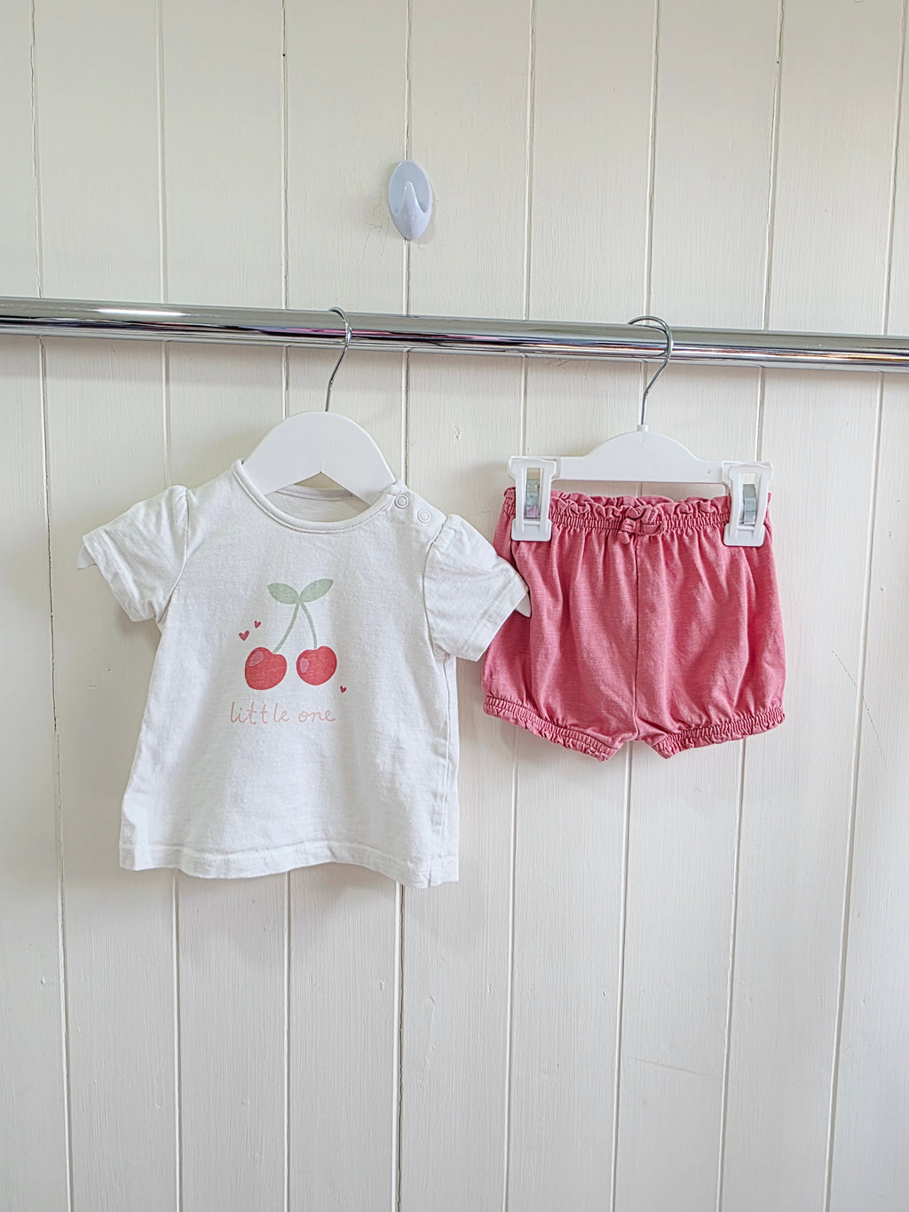 TU - 0-3 months girls white cherry print t-shirt and pink shorts set
