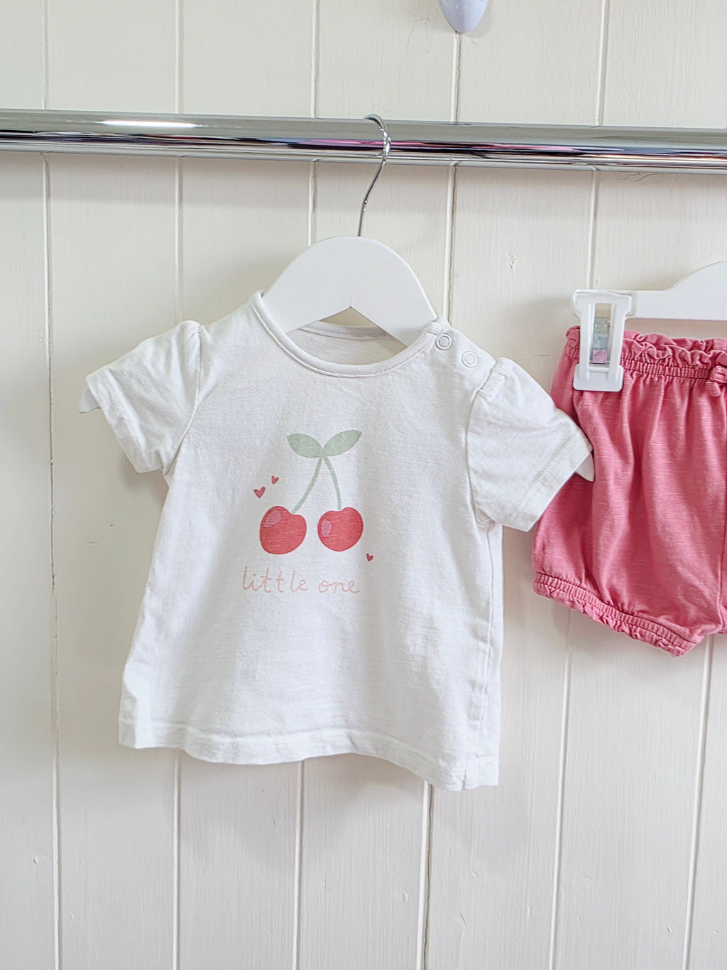 TU - 0-3 months girls white cherry print t-shirt and pink shorts set