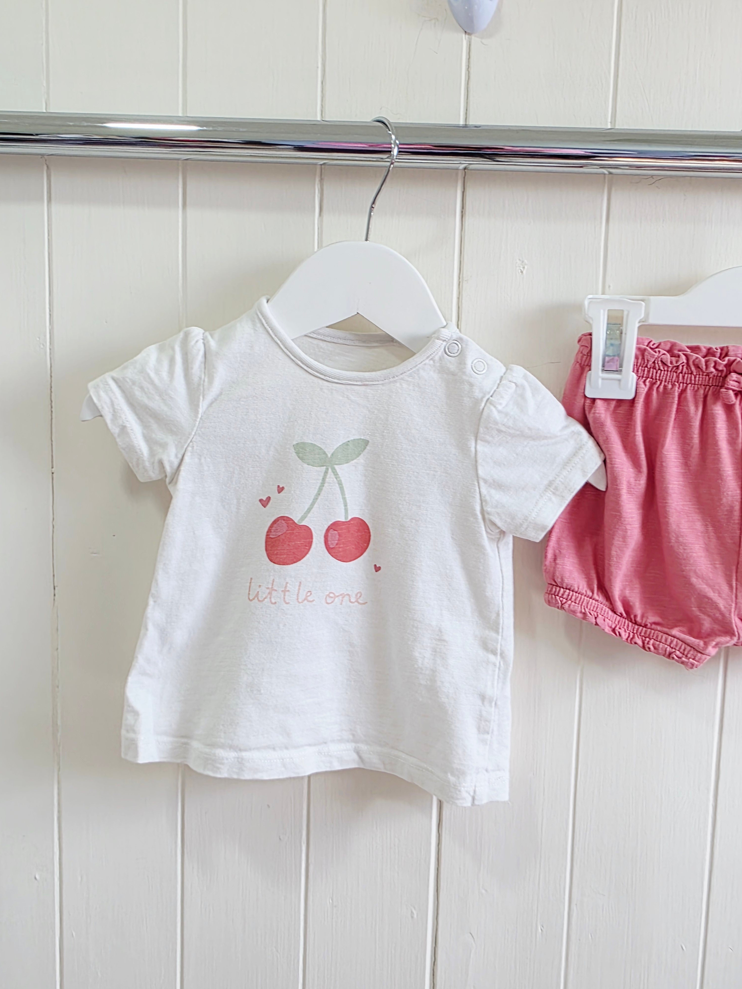 TU - 0-3 months girls white cherry print t-shirt and pink shorts set