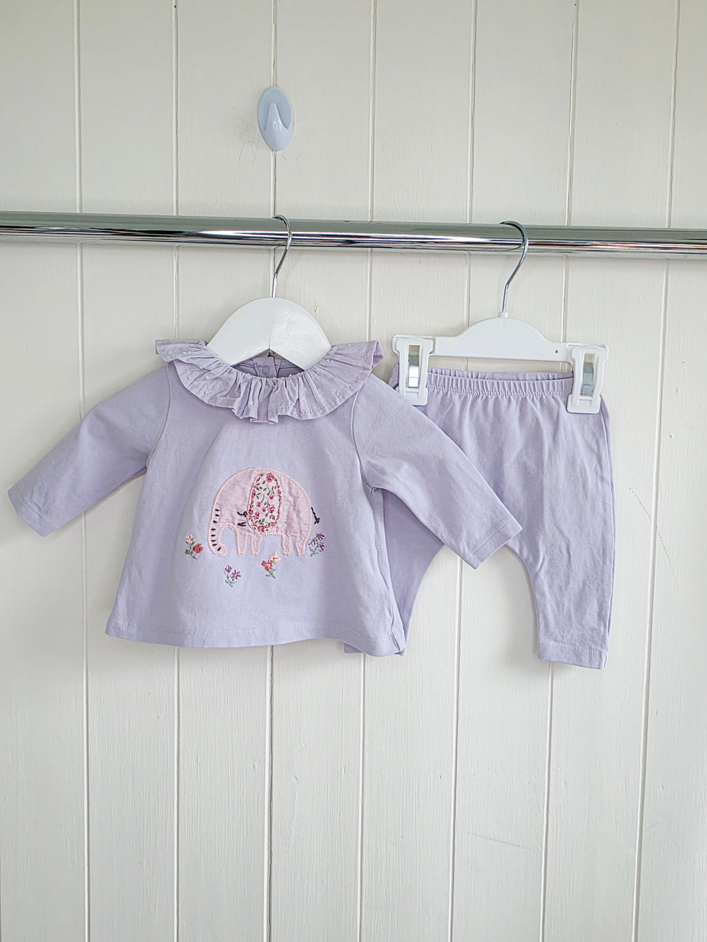 Next - up to 3 months lilac cotton top and leggings outfit set featuring an elephant applique