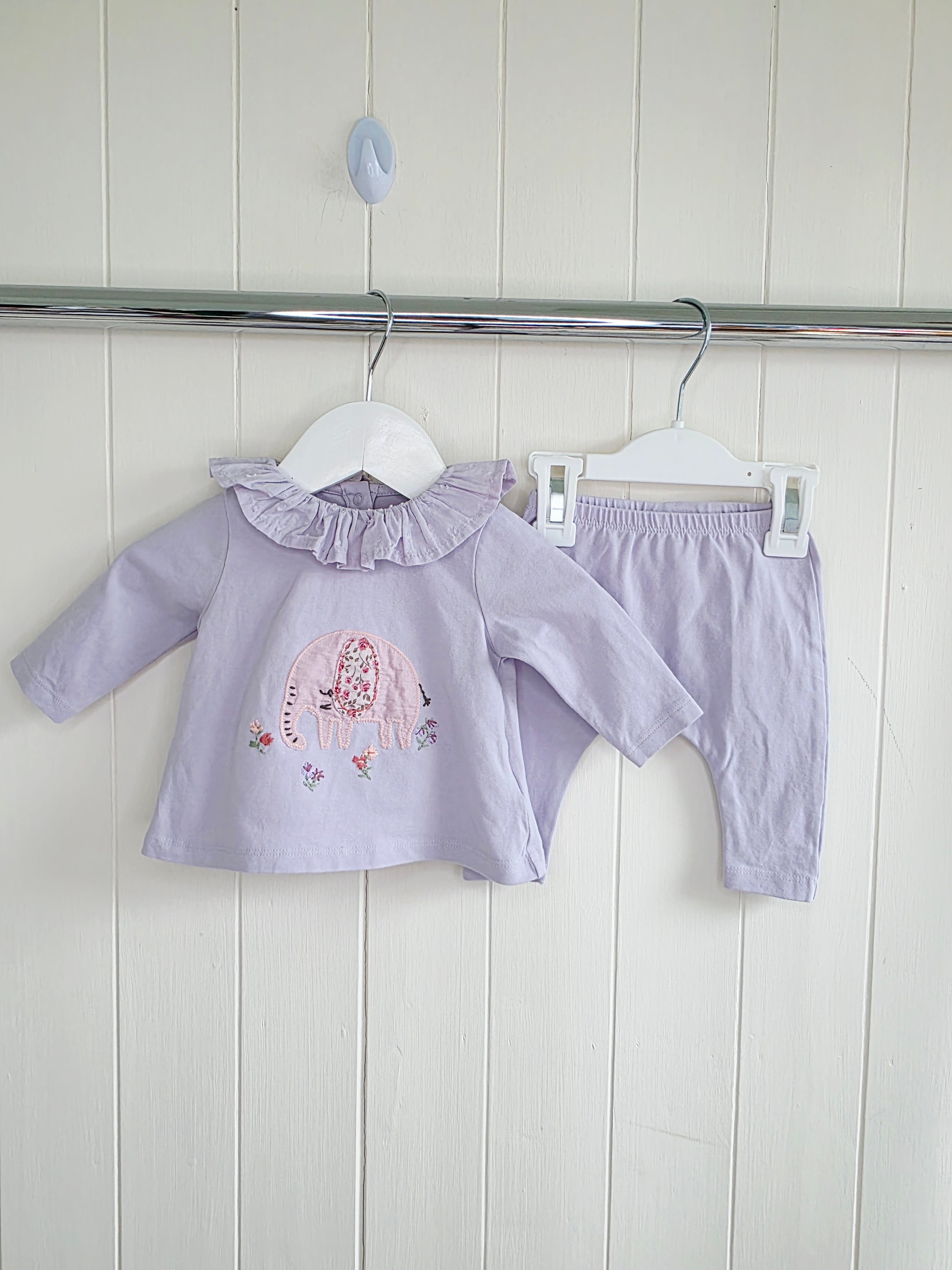 Next - up to 3 months lilac cotton top and leggings outfit set featuring an elephant applique