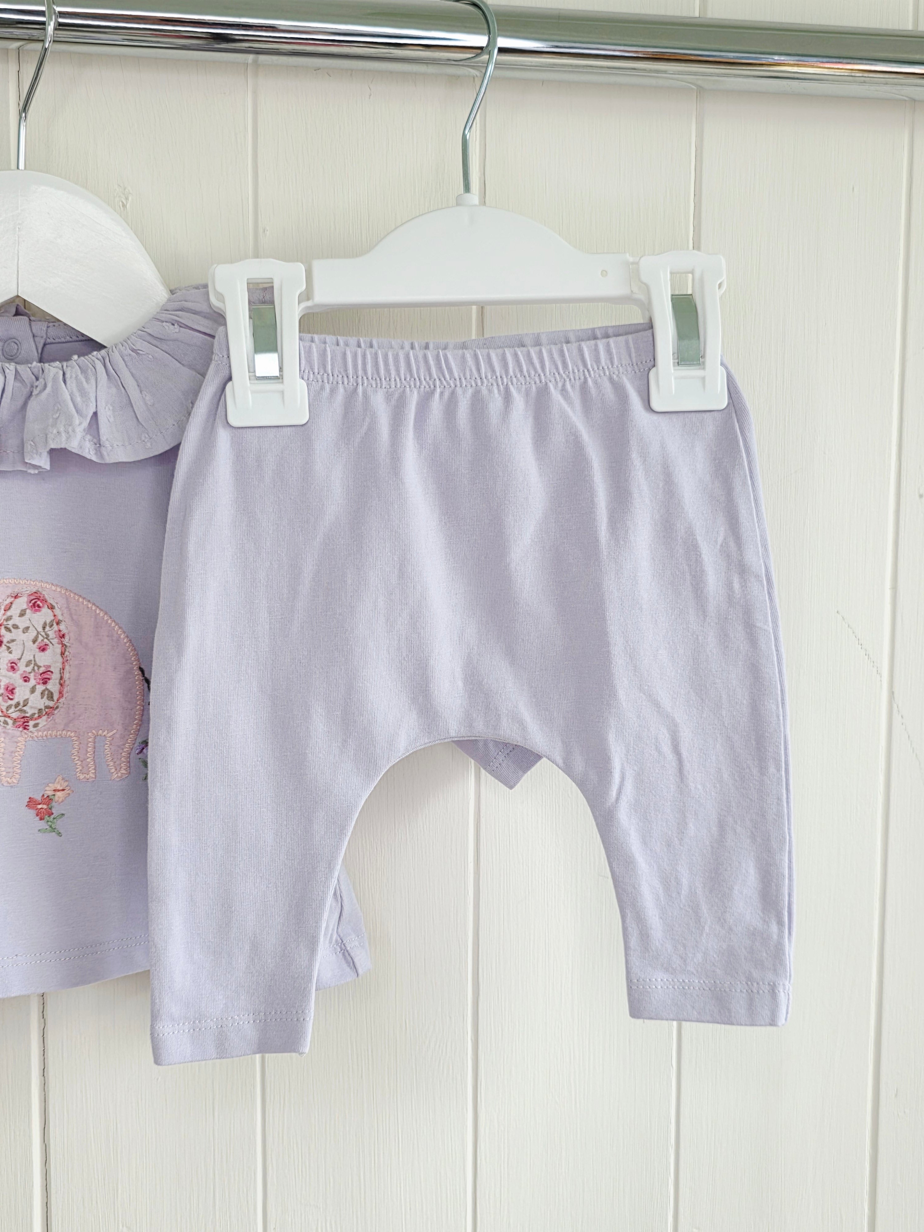 Next - up to 3 months lilac cotton top and leggings outfit set featuring an elephant applique