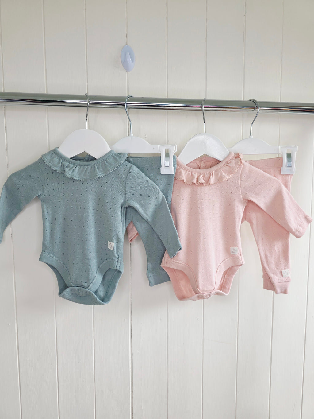 F&F - up to 1 month girls sage green and light pink long sleeve bodysuit and leggings set