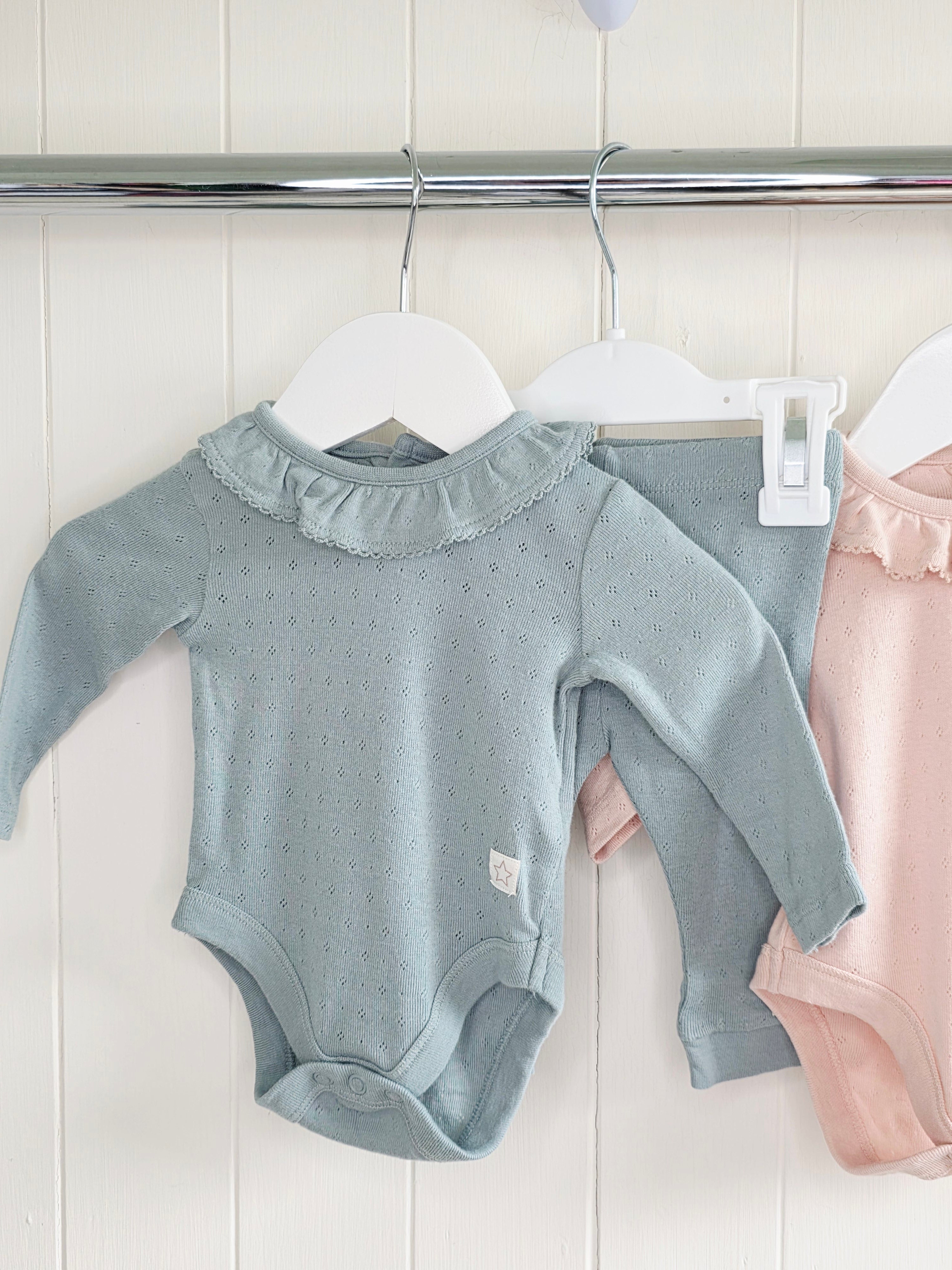 F&F - up to 1 month girls sage green and light pink long sleeve bodysuit and leggings set