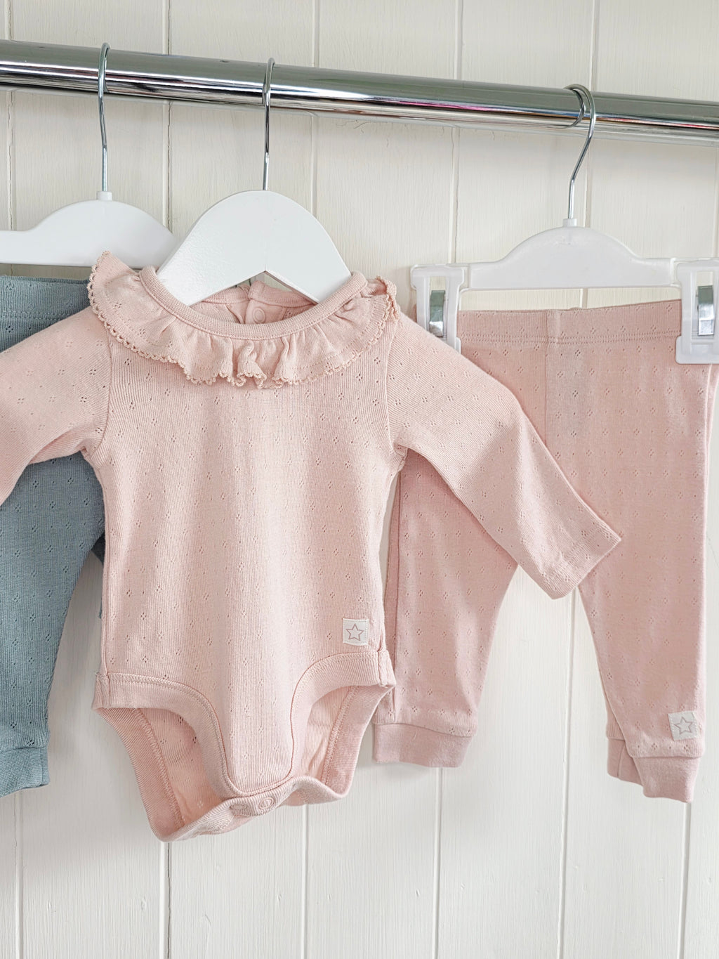 F&F - up to 1 month girls sage green and light pink long sleeve bodysuit and leggings set