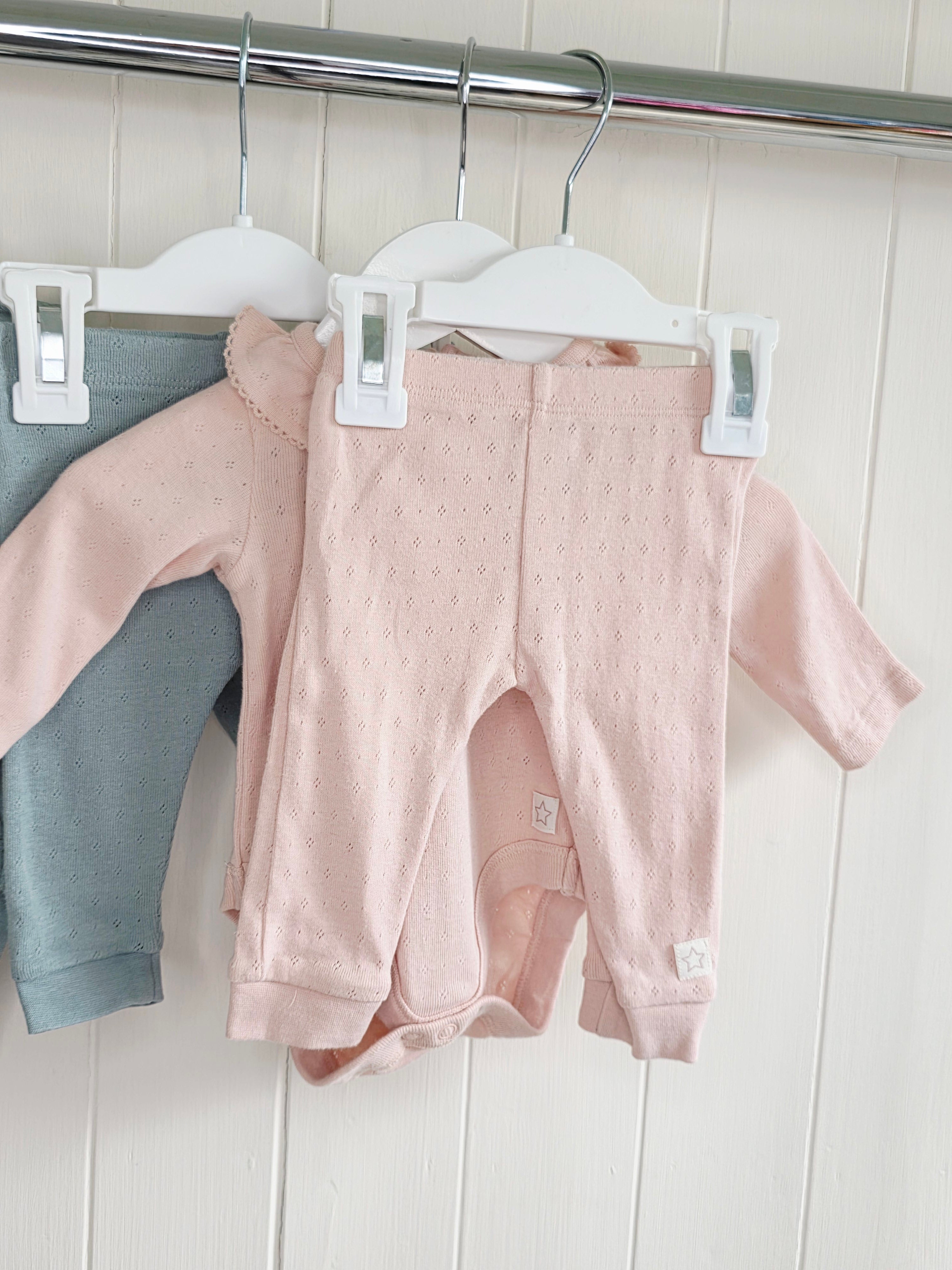 F&F - up to 1 month girls sage green and light pink long sleeve bodysuit and leggings set