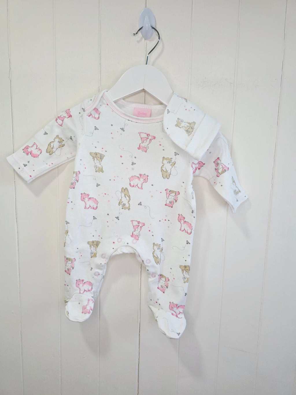 Bebe Bonito - newborn baby girls white sleepsuit with hat featuring bear print