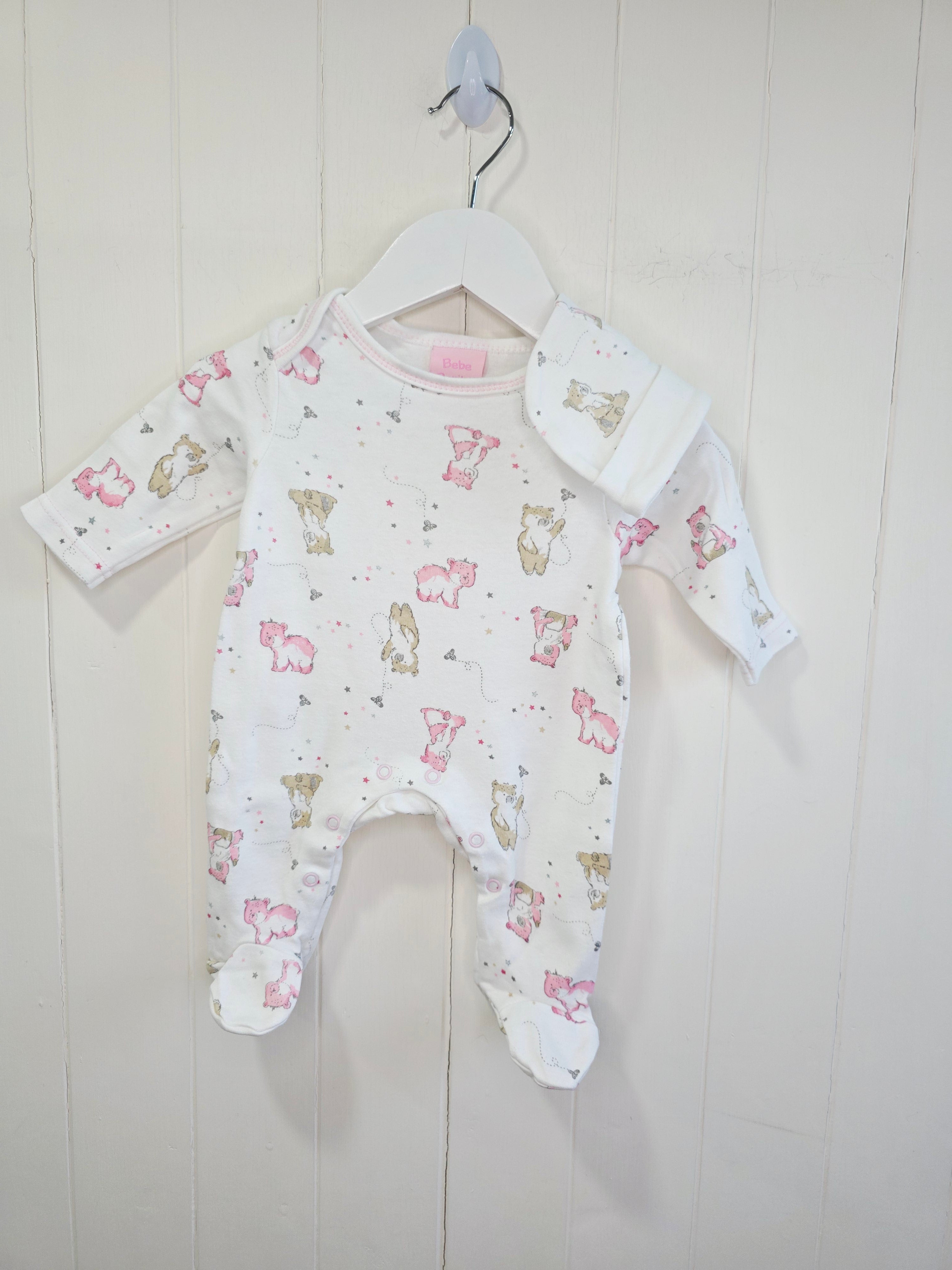 Bebe Bonito - newborn baby girls white sleepsuit with hat featuring bear print