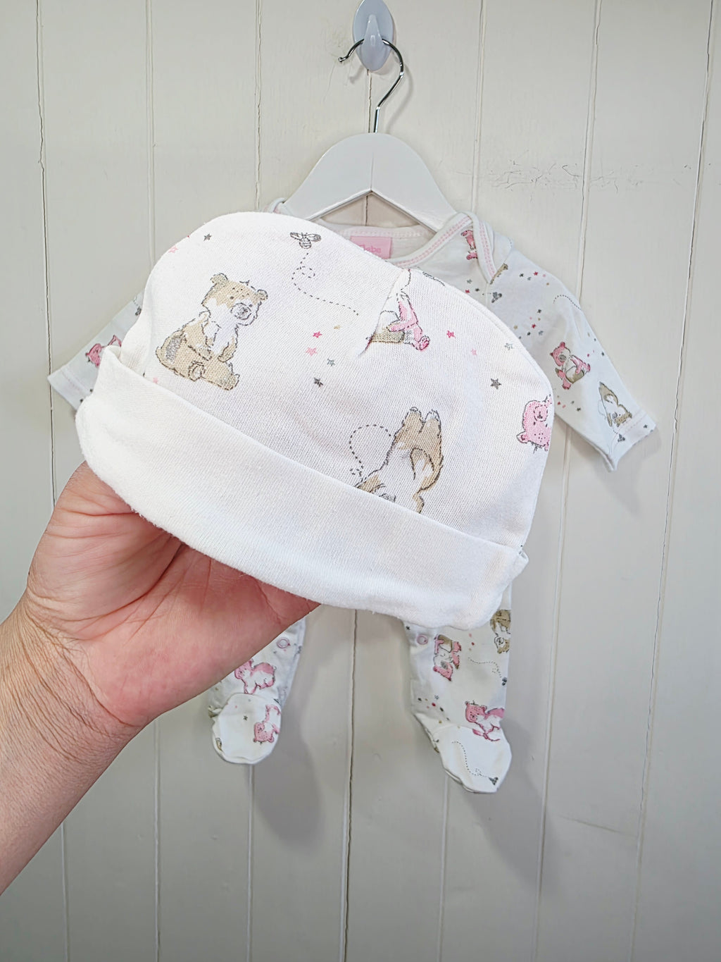Bebe Bonito - newborn baby girls white sleepsuit with hat featuring bear print